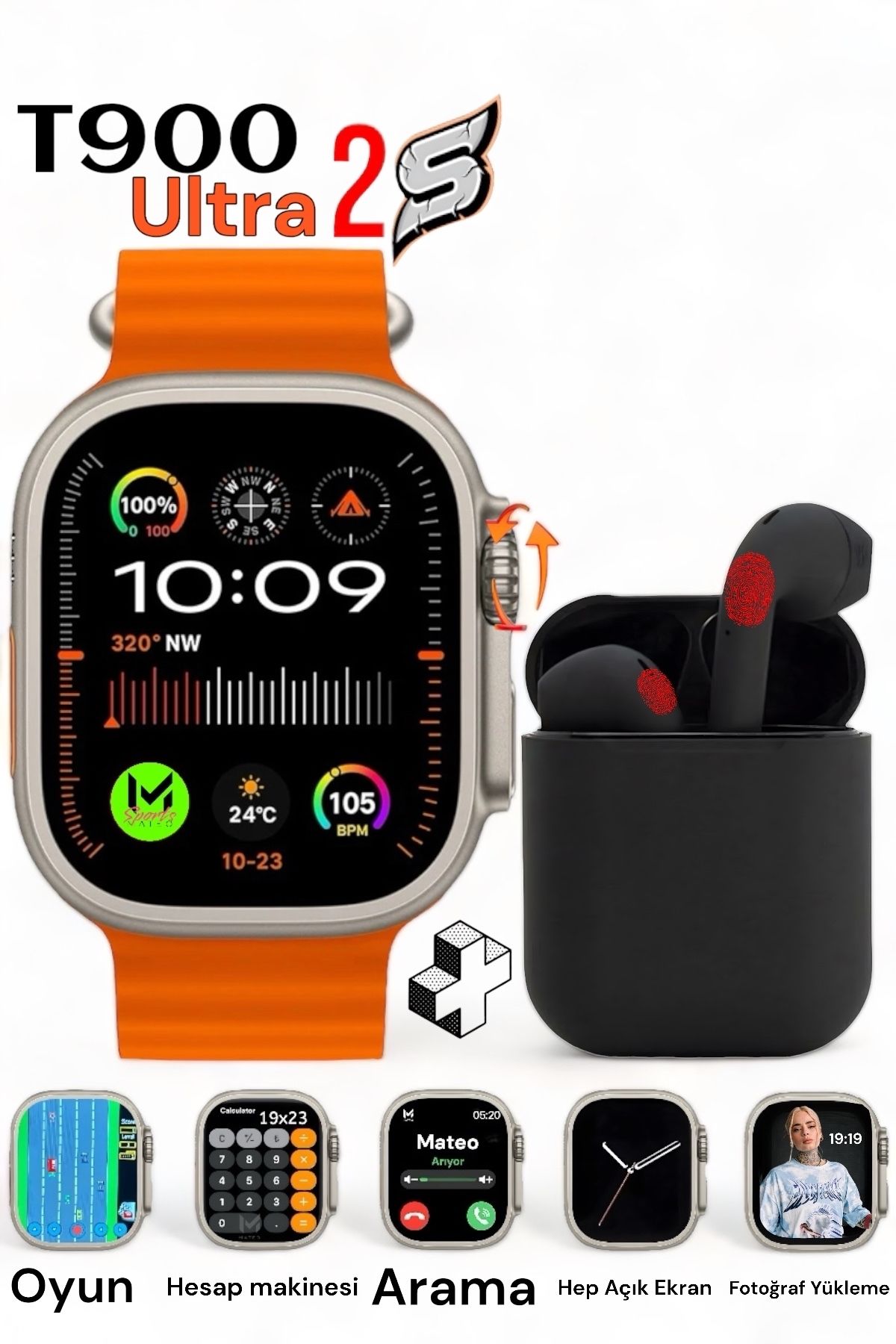 MATEO Akıllı Saat Watch 8 T900 Ultra 2S 2.3inch Arama +ios Android Dokunmatik Bluetooth Kulaklık 2li set