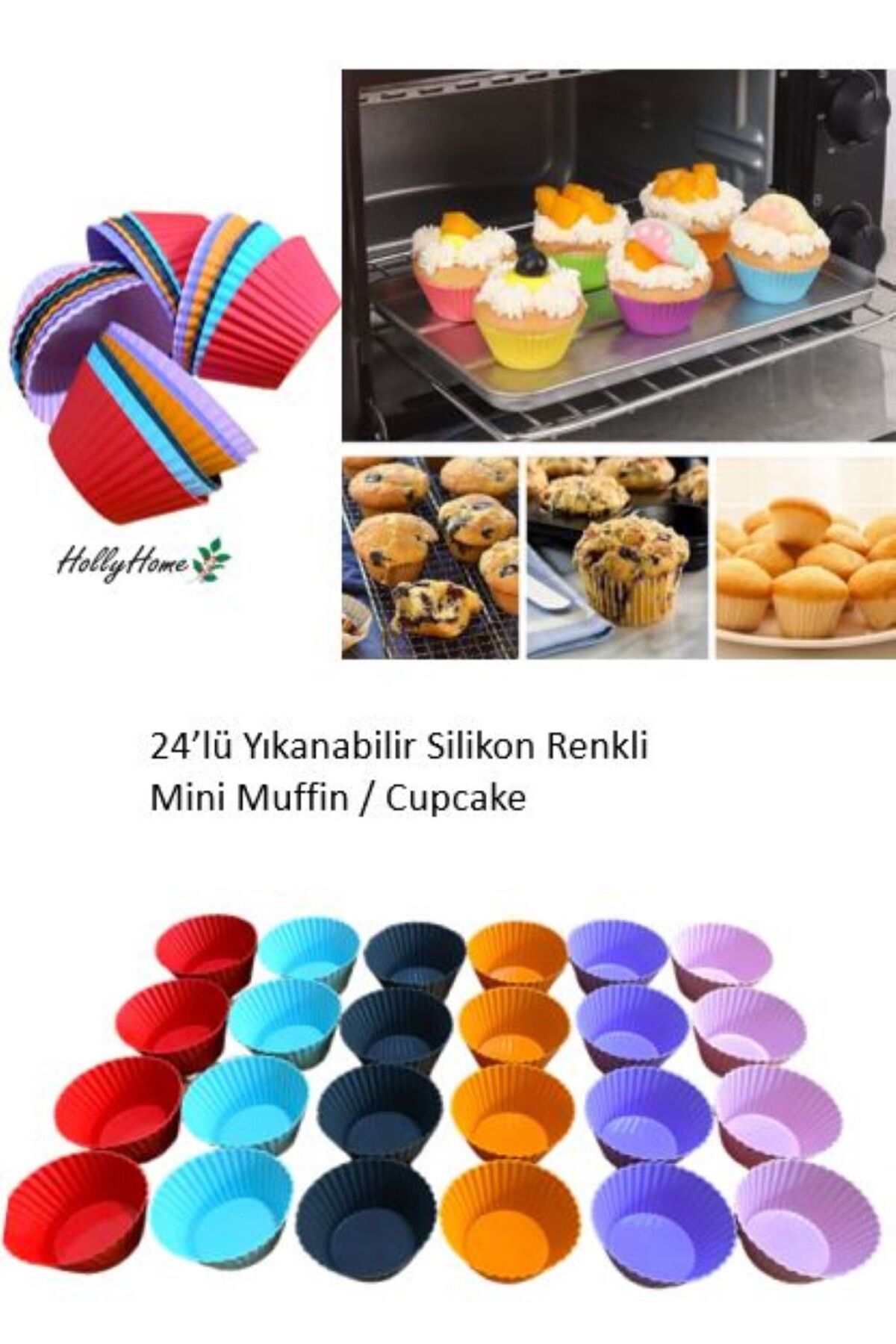 HOLLYHOME 24’lü Yıkanabilir Mini Tırtıklı Muffin Pişirme Kalıbı, Ribanalı Kek, Cupcake, Hamur Işi Renkli Kap