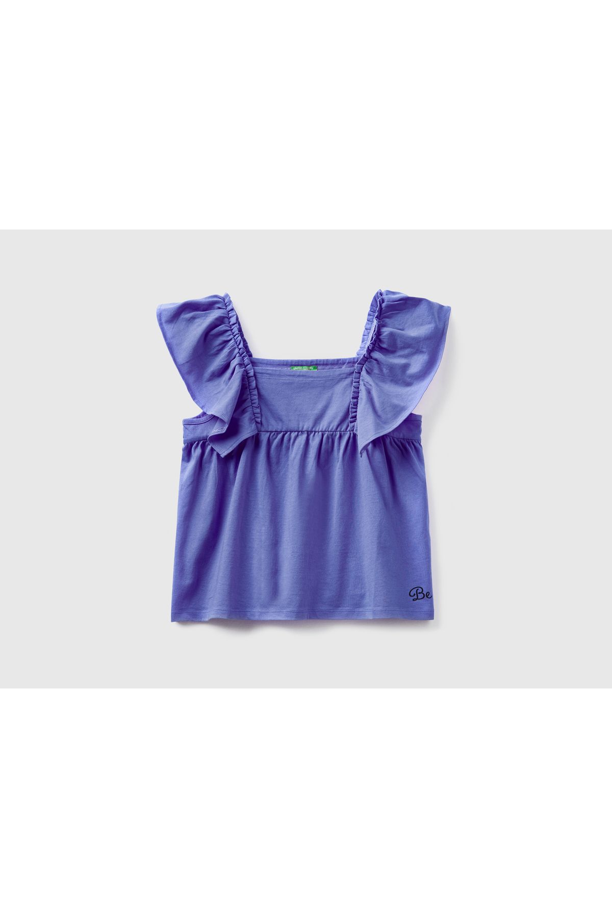 United Colors of Benetton Kız Çocuk Mavi Omzu Fırfır Detaylı Penye T-Shirt