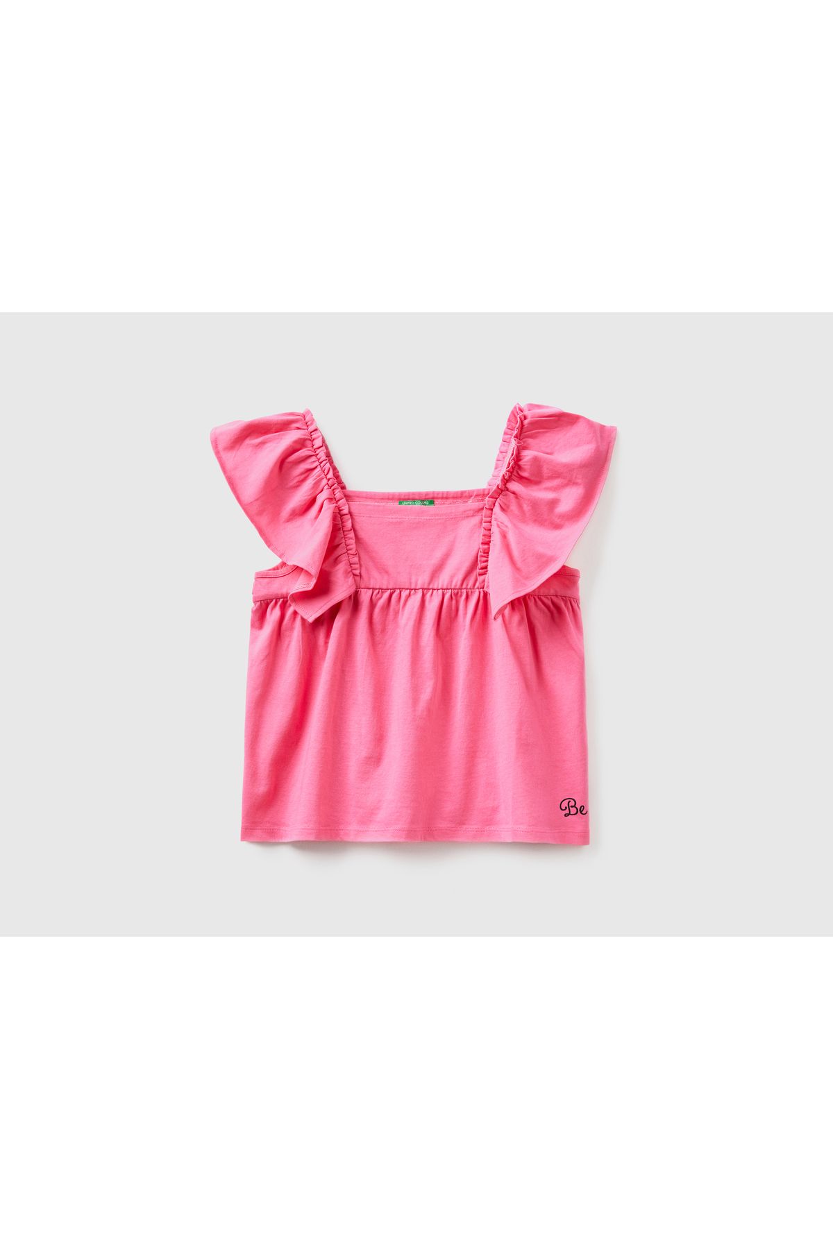 United Colors of Benetton Kız Çocuk Fuşya Omzu Fırfır Detaylı Penye T-Shirt