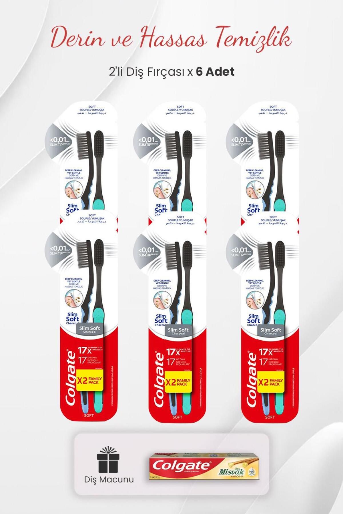Colgate Slim Soft Charcoal 2'li Diş Fırçası x 6 Adet ve Misvak Özlü Diş Macunu