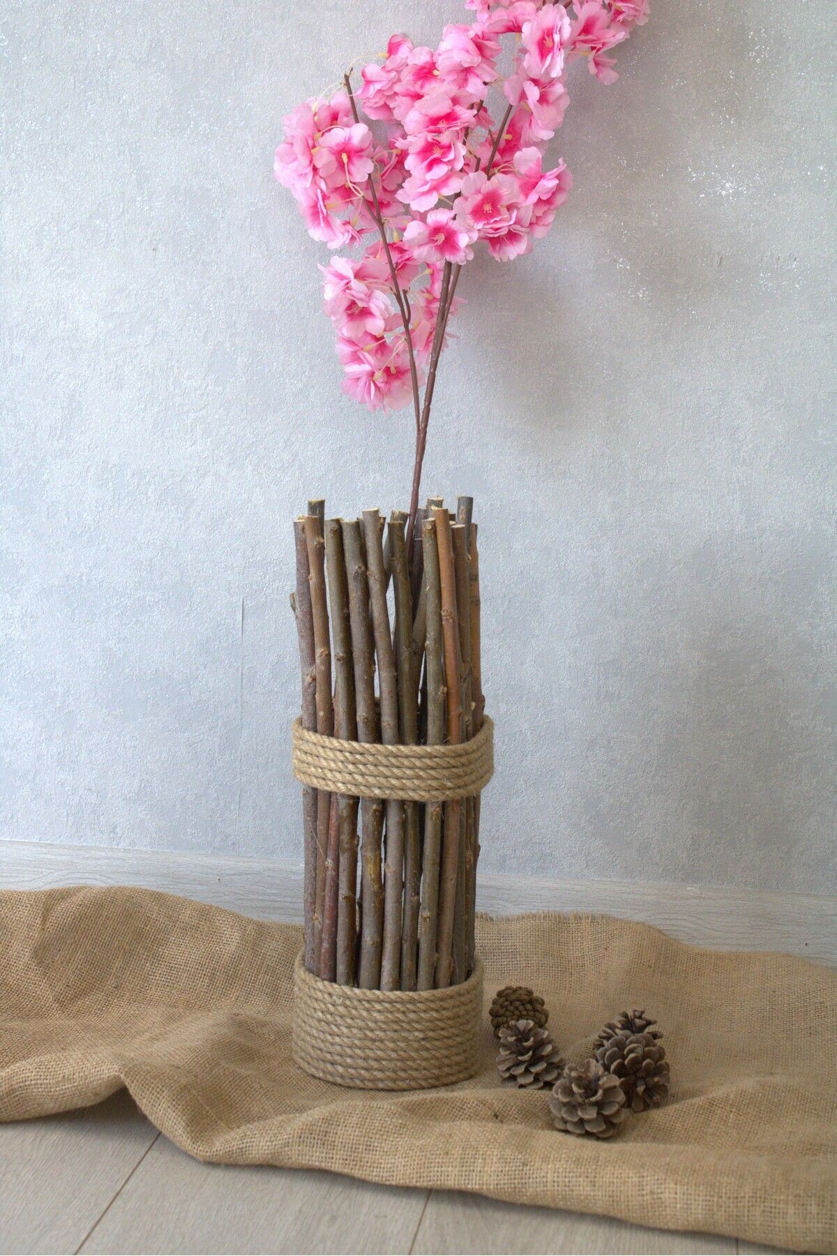 Asenya Hasır Örgü Vazo 40 Cm Doğal Söğüt Dalı Çiçeklik Yapay Çiçek Vazosu Kuru Dal Vazosu Dekoratif Saksı