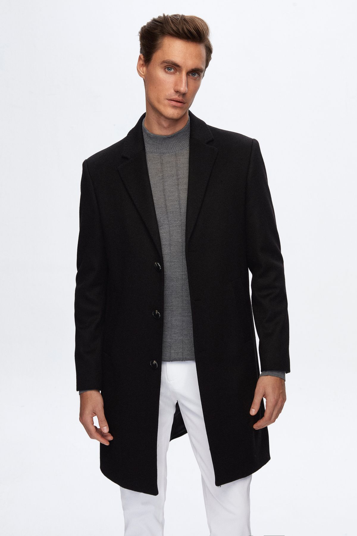 Damat Slim Fit Siyah Kaşmir-yün Karışımlı Palto