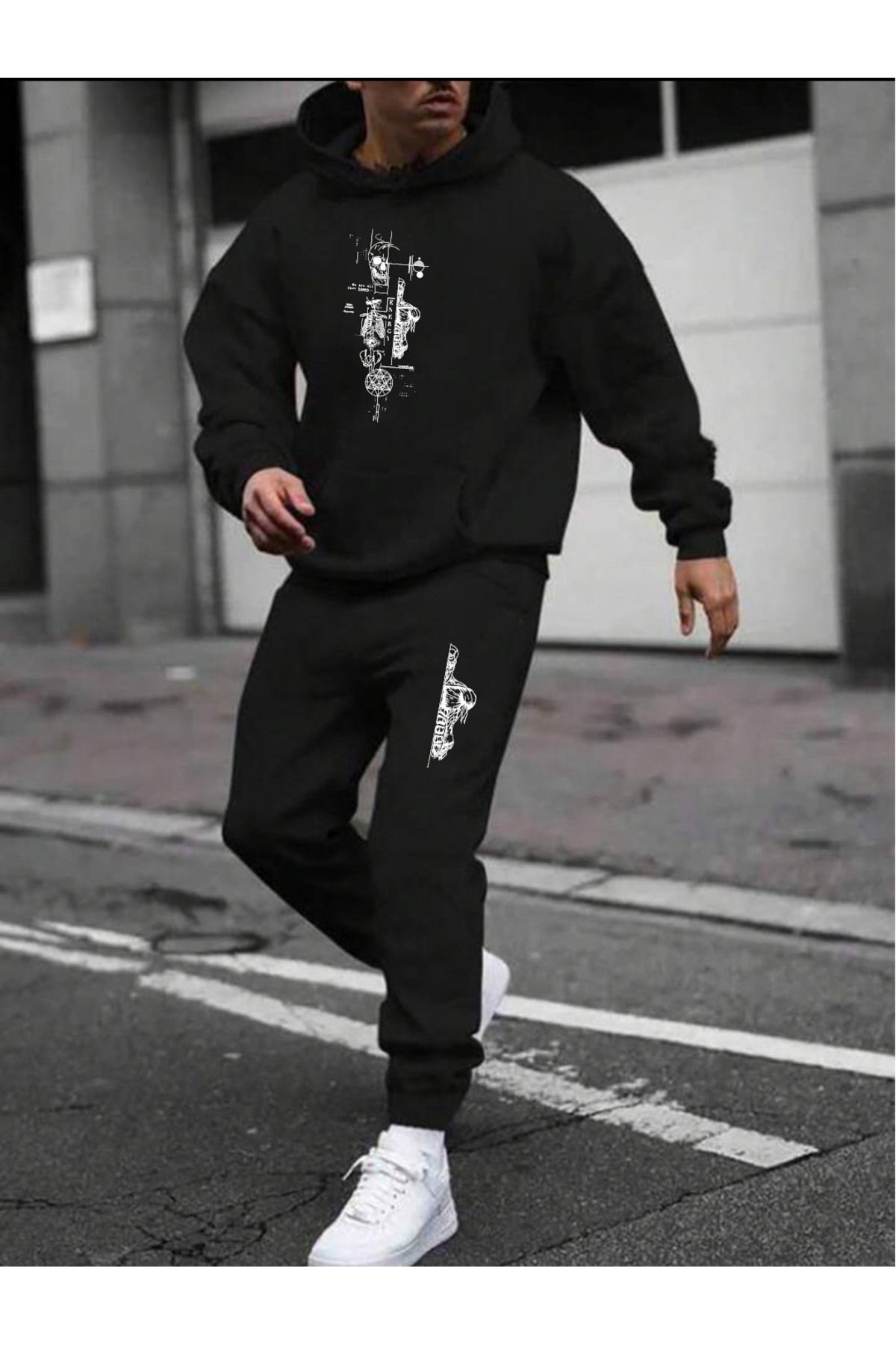 Hunors Sportswear & Company İskelet İnsan Kafası Tasarımlı Çizgisel Erkek Dikey Unısex Oversıze Kapşonlu Siyah Eşofman Takımı