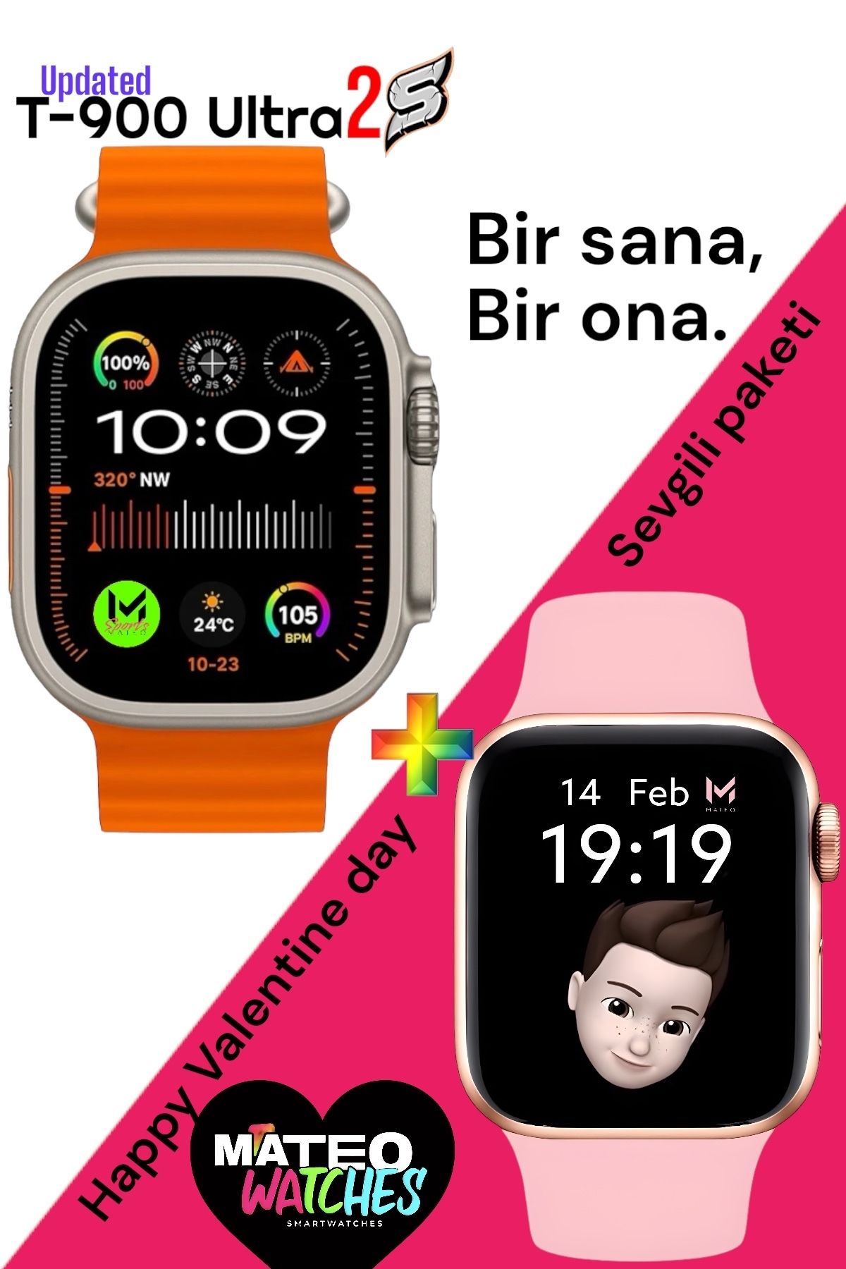 MATEO Sevgililer Günü Bluetooth Akıllı saat T900 Ultra 2S + T700S ios Android Uyumlu ikili set