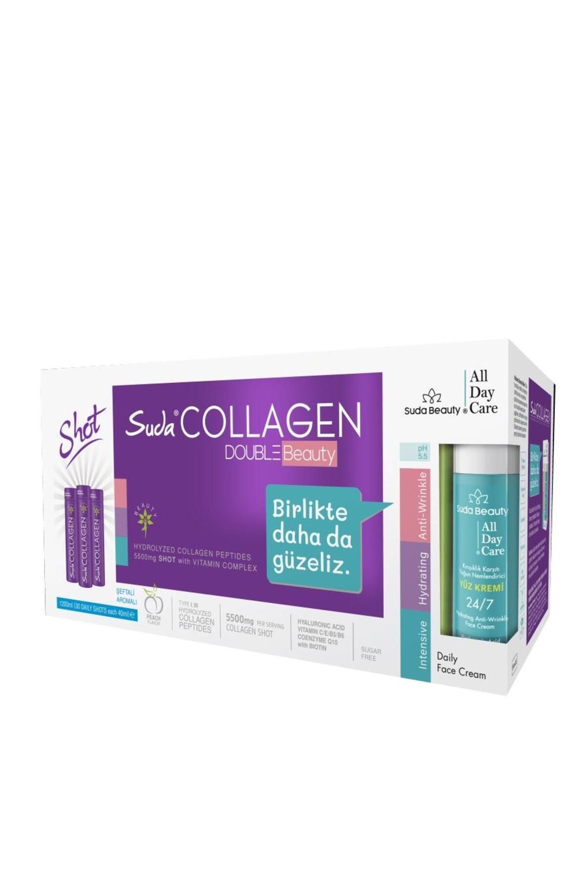 Suda Collagen Double Beauty (30 Shot Şeftali Kolajen & Suda Beauty All Day Care Yüz Kremi 50ml)