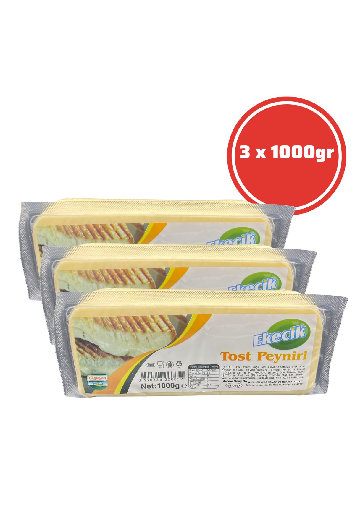 Tekin Gurme Ekecik Tost Kaşar Peyniri 1000 gr 3'lü Paket ( 3 Kg )
