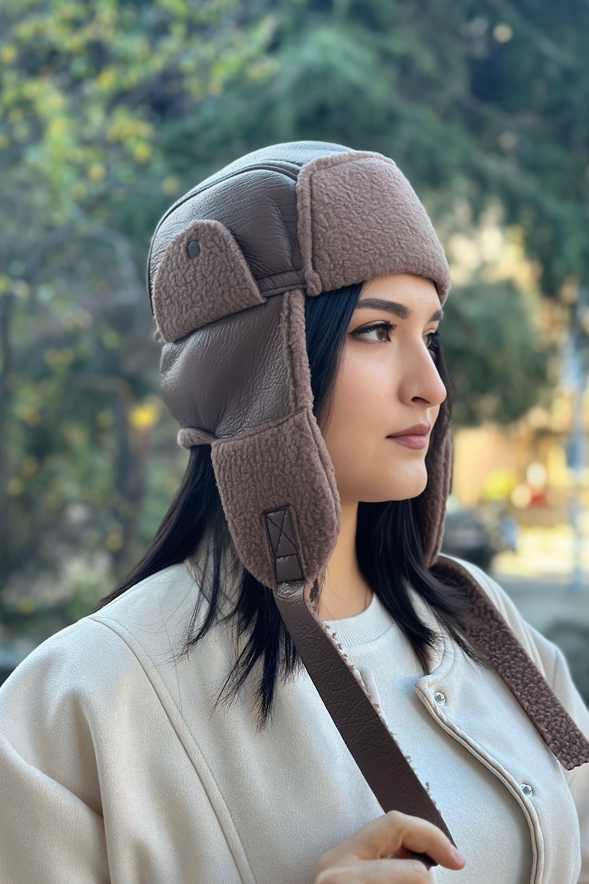 novon Tasarım Suni Deri İçi Kürk Kulak Kapamalı Kadın Pilot Şapka