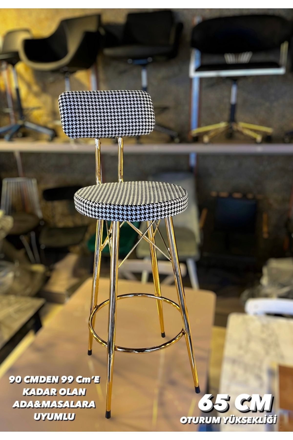 Sandalye Shop Yeni Mila Tasarım Gold Bar Sandalyesi 65 cm Kazayağı Kumaş.90 cm ile 99 cm arası Ada&Masalara uyumlu