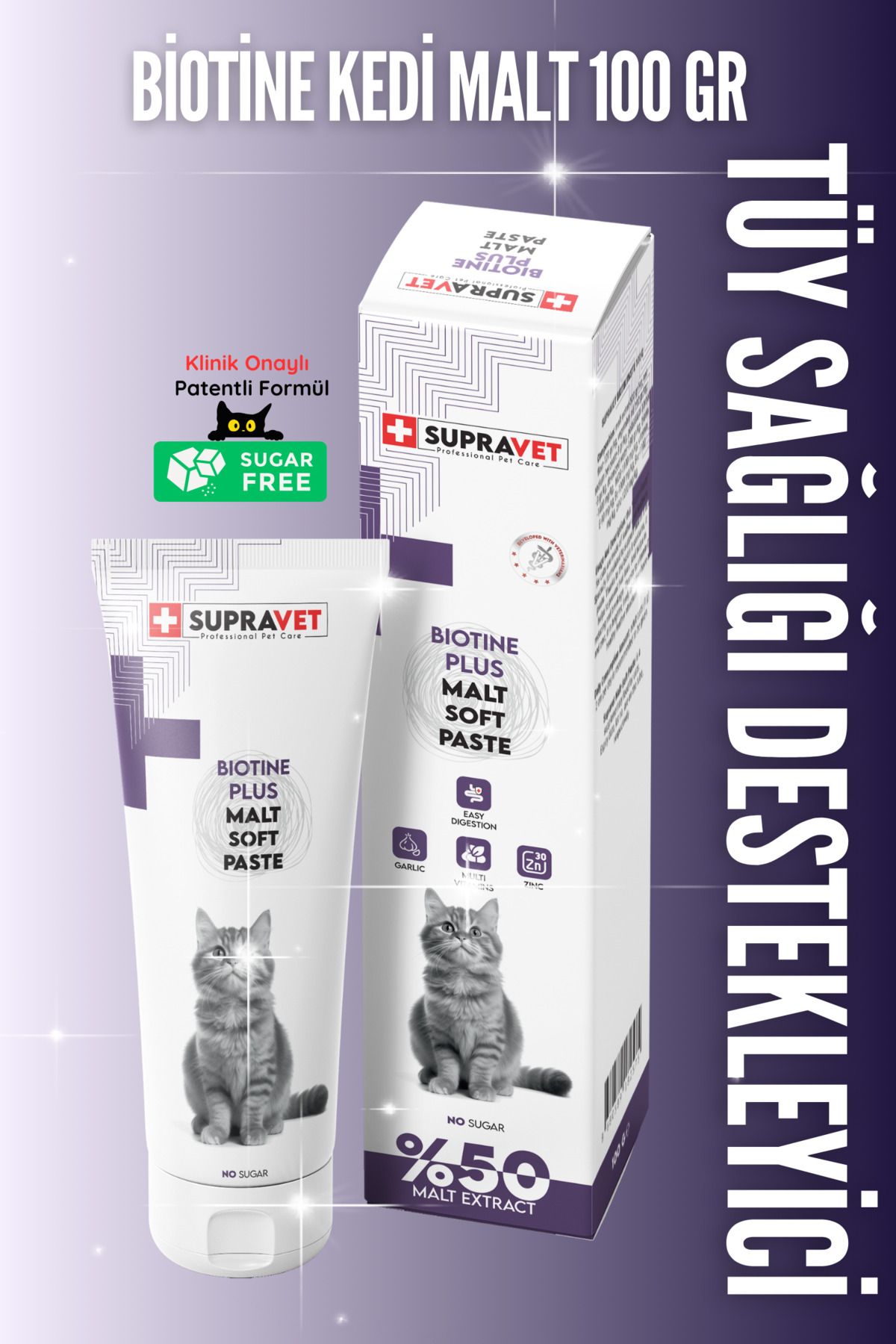 Supravet Kediler Için Biotine Malt 100 GR (TÜY DÖKÜLMESİ ENGELLEYİCİ BİOTİN TÜY SAĞLIĞI)