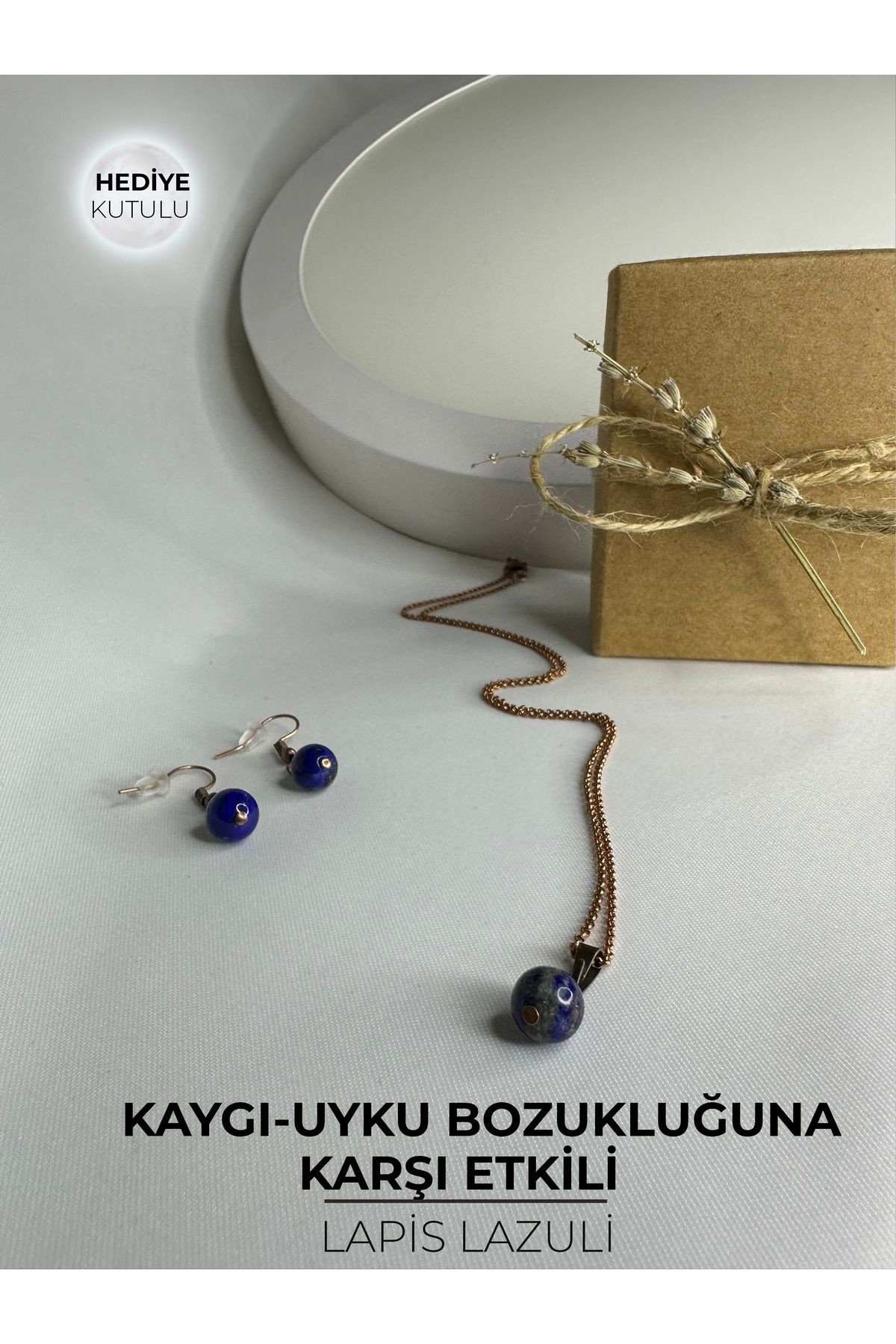 BYCET Lapis Lazuli Taşı Sertifikalı Doğal Taş Kolye+Küpe(2'li set)