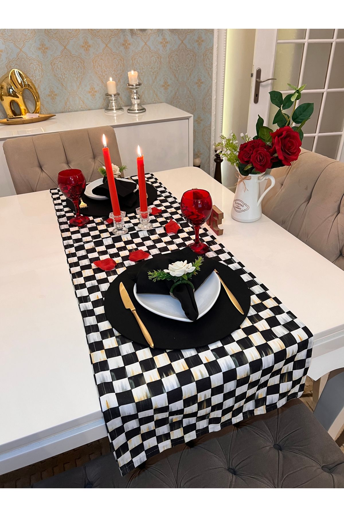 Ayd Home 2 kişilik siyah damalı sevgililer günü masası romantik 14 şubat sofra sunum ranır peçetelik
