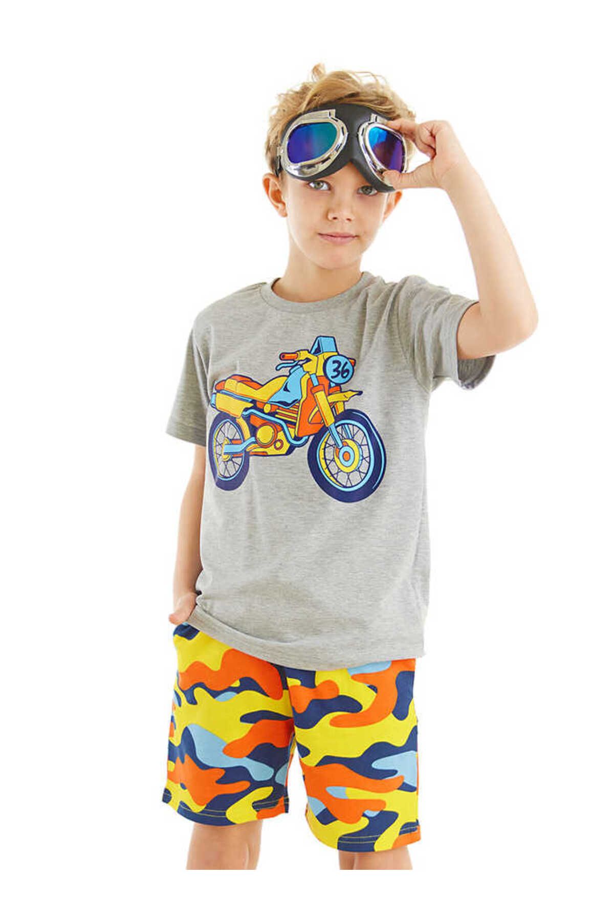 Mushi Motosiklet Erkek Çocuk Gri T-shirt Kamuflaj Şort Yazlık Takım