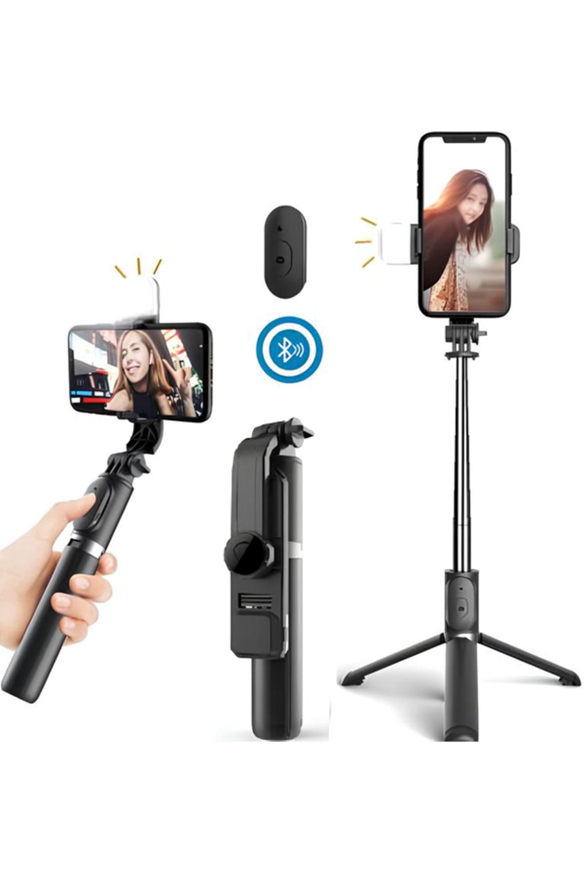 Blic Bluetooth Kumandalı Selfie Çubuğu / Işıklı Tripod 100cm 2 Işık Kademeli