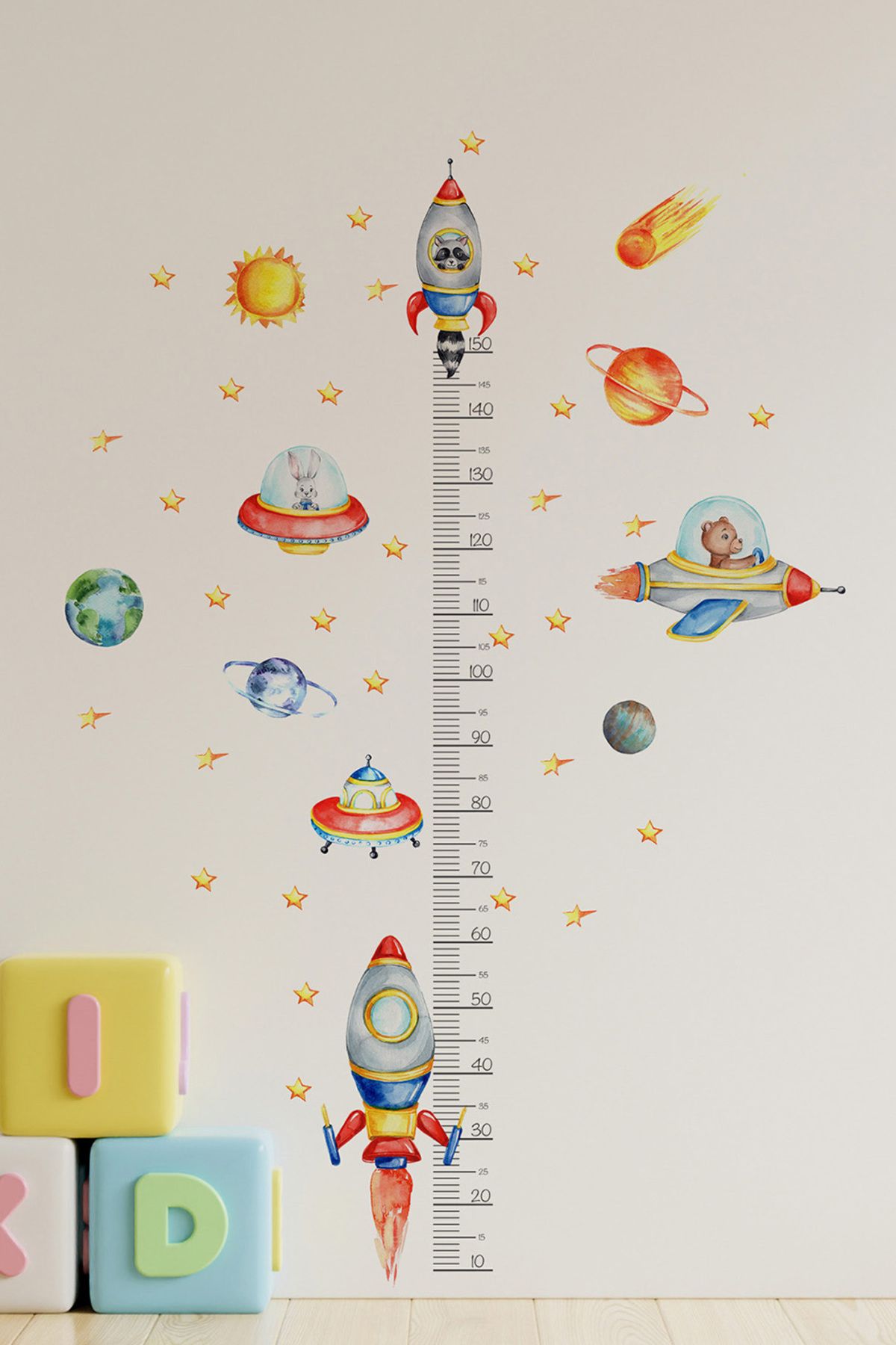 AlyMarkt Uzay Mekiği Gezegen ve Roket Temalı Boy Ölçer Çocuk Duvar Ayna Dolap Kapı için Sticker