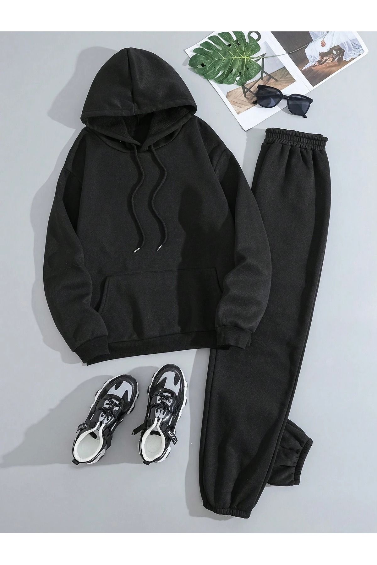 Cool Art Basic Kalın Kışlık Sweatshirt Eşofman Altı Jogger - Siyah Alt Üst Eşofman Takımı Kapüşonlu