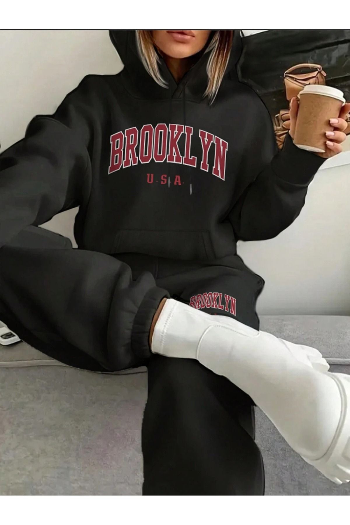 Cool Art Brooklyn U.S.A Sweatshirt Eşofman Altı Jogger - Siyah Baskılı Alt Üst Eşofman Takımı Kapüşonlu