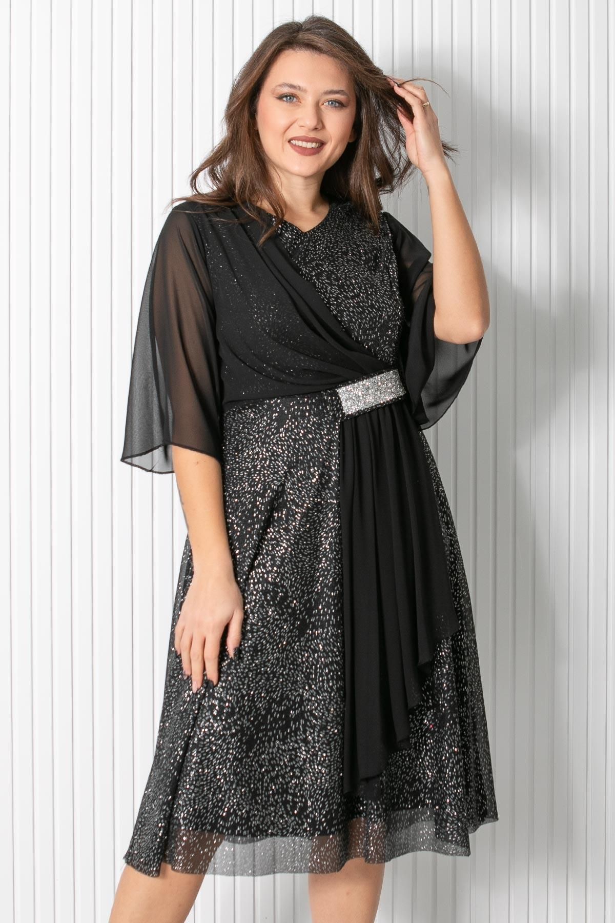 SUBU TASARIM Simli Payet Detaylı Abiye Elbise Siyah FHM900