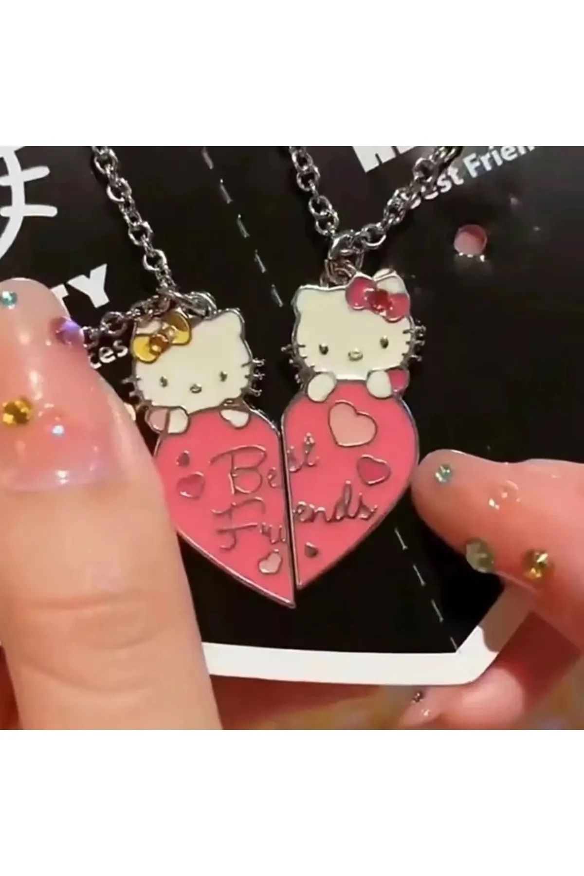 İYİ MODA 2 Adet Hello Kitty Best Friends Kalpli Arkadaşlık Kolyesi İkili Hediyelik Çift Kolye