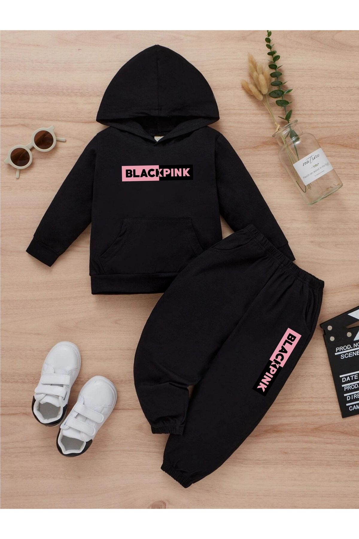 Deocept Siyah Black Pink Kapşonlu Sweatshirt Alt Üst Takım