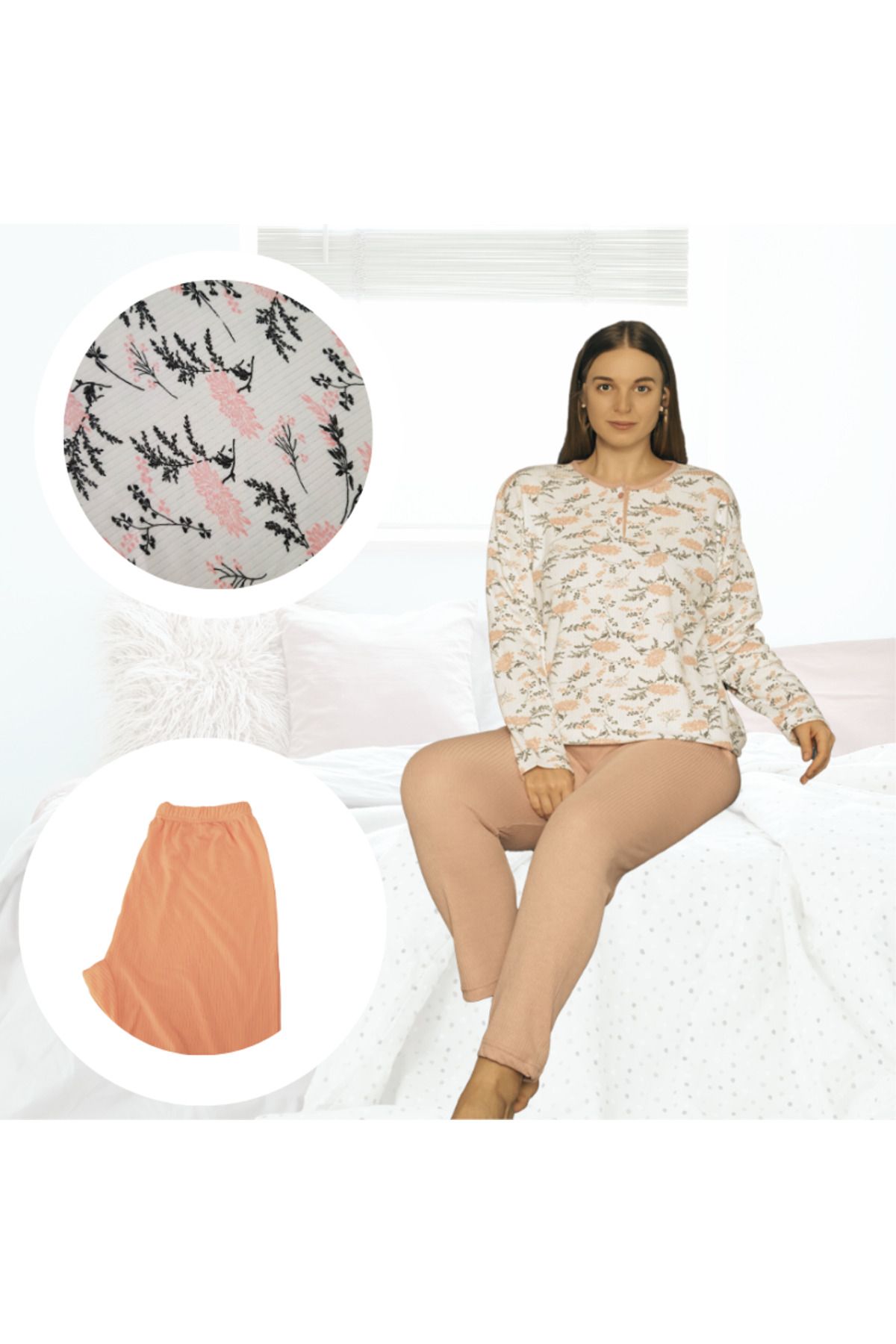 Gülfirik Tasarım Yavruağzı Rengi Iri Çiçek Desenli Şardonlu Interlok Kumaştan Kadın Büyük Beden Anne Pijama Takımı
