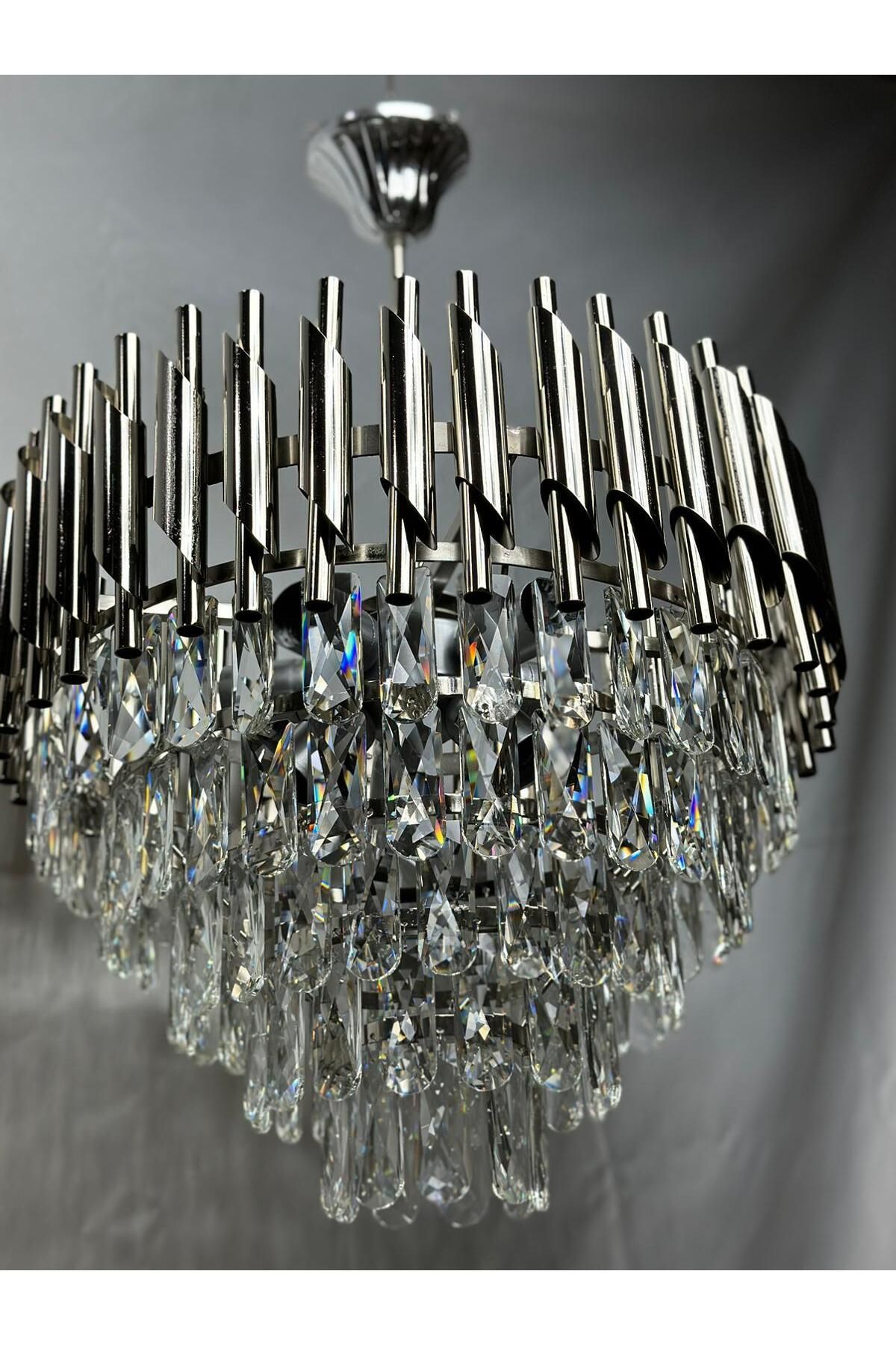 Led 50 cm gümüş borulu kristallı salon avizesi