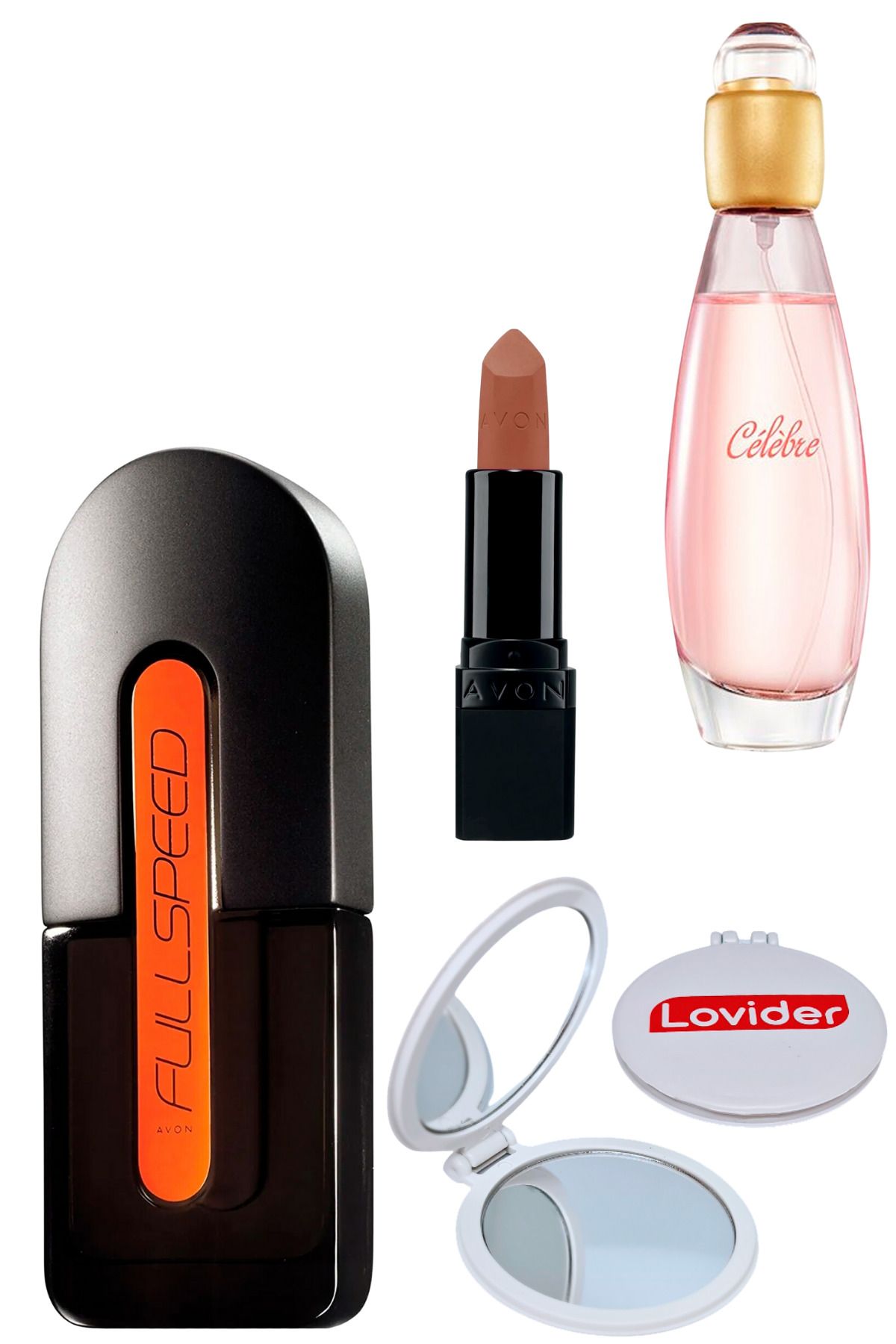Avon Full Speed Erkek + Celebre Kadın Parfüm + Mat Ruj Marvellous Mocha + Lovider Cep Aynası
