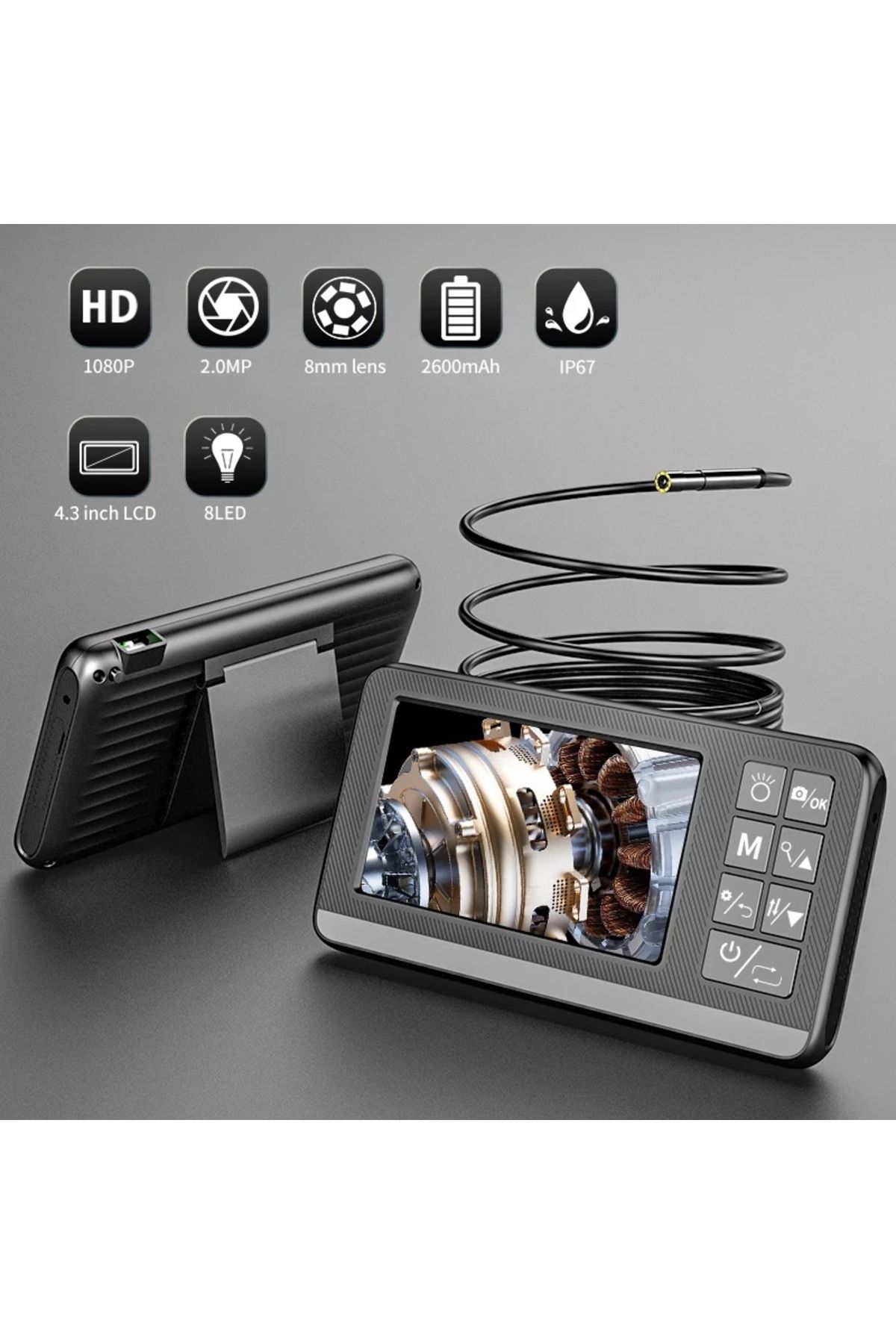 Kalite 4.3 inç Ekranlı Yılan Kamera (8 Led + Hafıza Karta Kayıt + 5 Metre Kameralı Kablo)