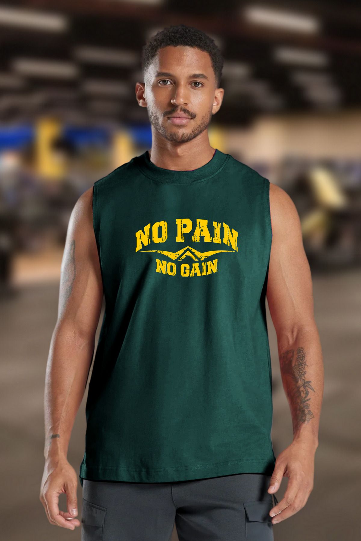 BESSA Erkek No Pain No Gain Baskılı Petrol Oversize Bisiklet Yaka Pamuklu Kolsuz T-Shirt/Atlet