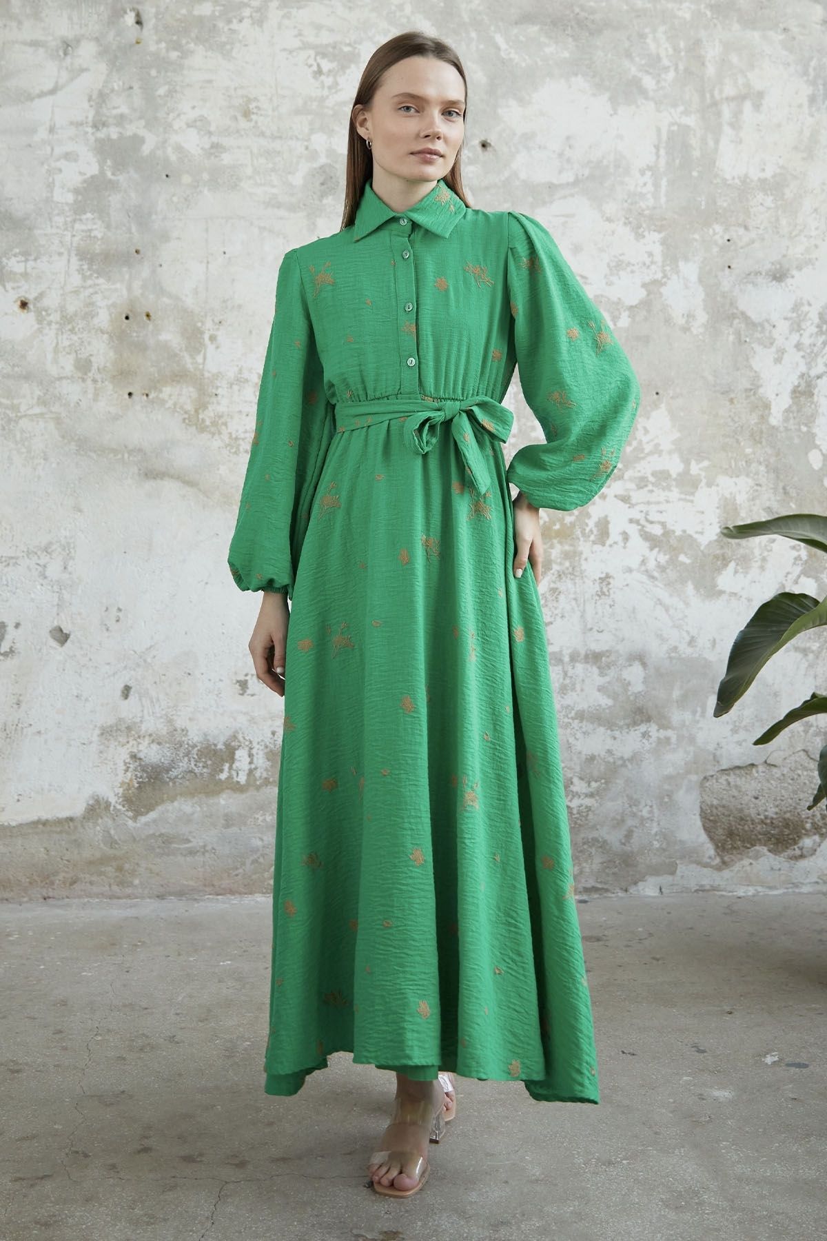 InStyle Kuşaklı İşlemeli Nakış Elbise - Yeşil
