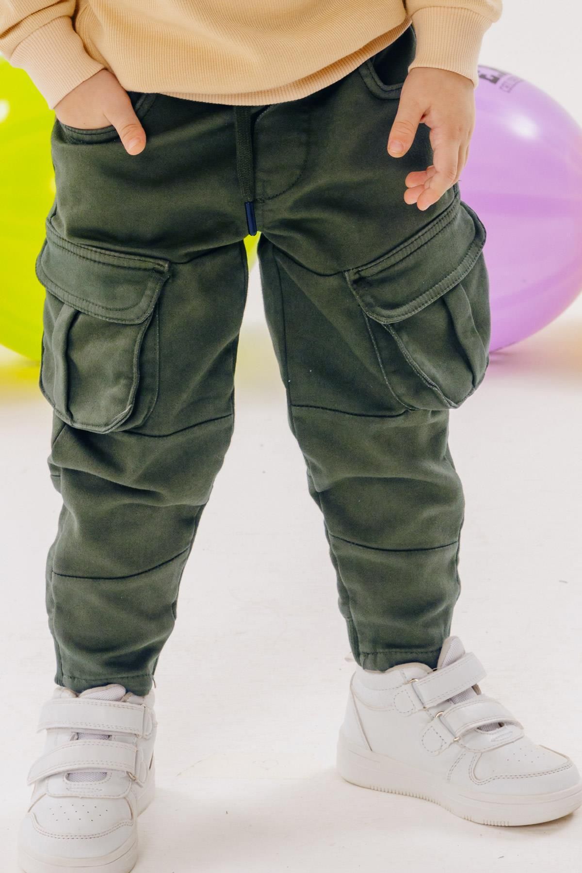 Breeze Erkek Çocuk Pantolon Kargo Cepli Beli Lastikli Haki Yeşil