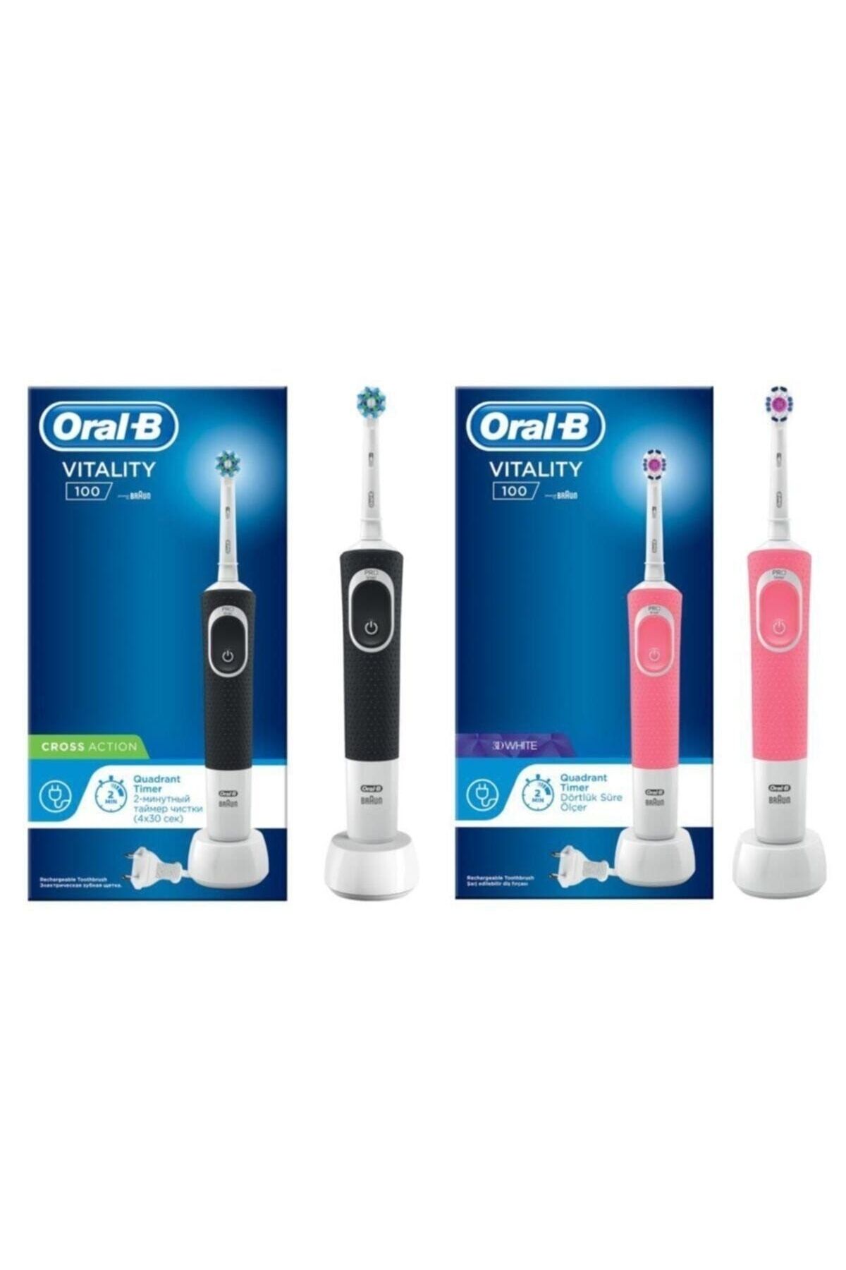 Oral-B Vitality Siyah D100 Cross Action Elektrikli Diş Fırçası (box)+pembe D100 3d White Diş Fırçası