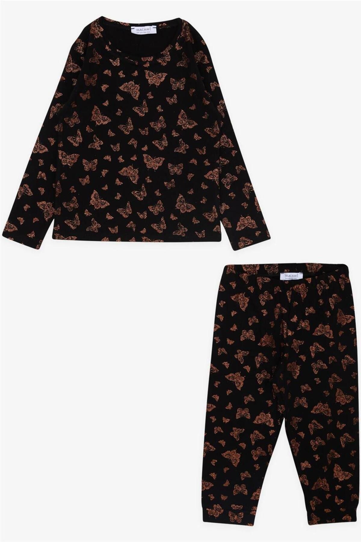 Macawi Kız Çocuk Pijama Takımı Simli Kelebek Desenli Siyah