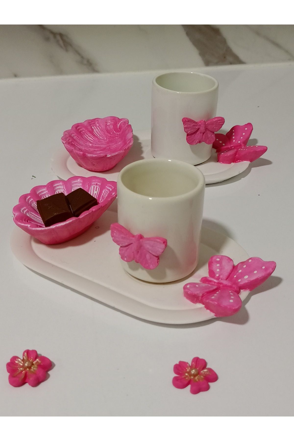 MiMi EveNT 2'li Kelebekli Pembe Fincan Takımı El Yapımı Handmade Doğum Günü-Anneler Günü-Sevgililer Günü