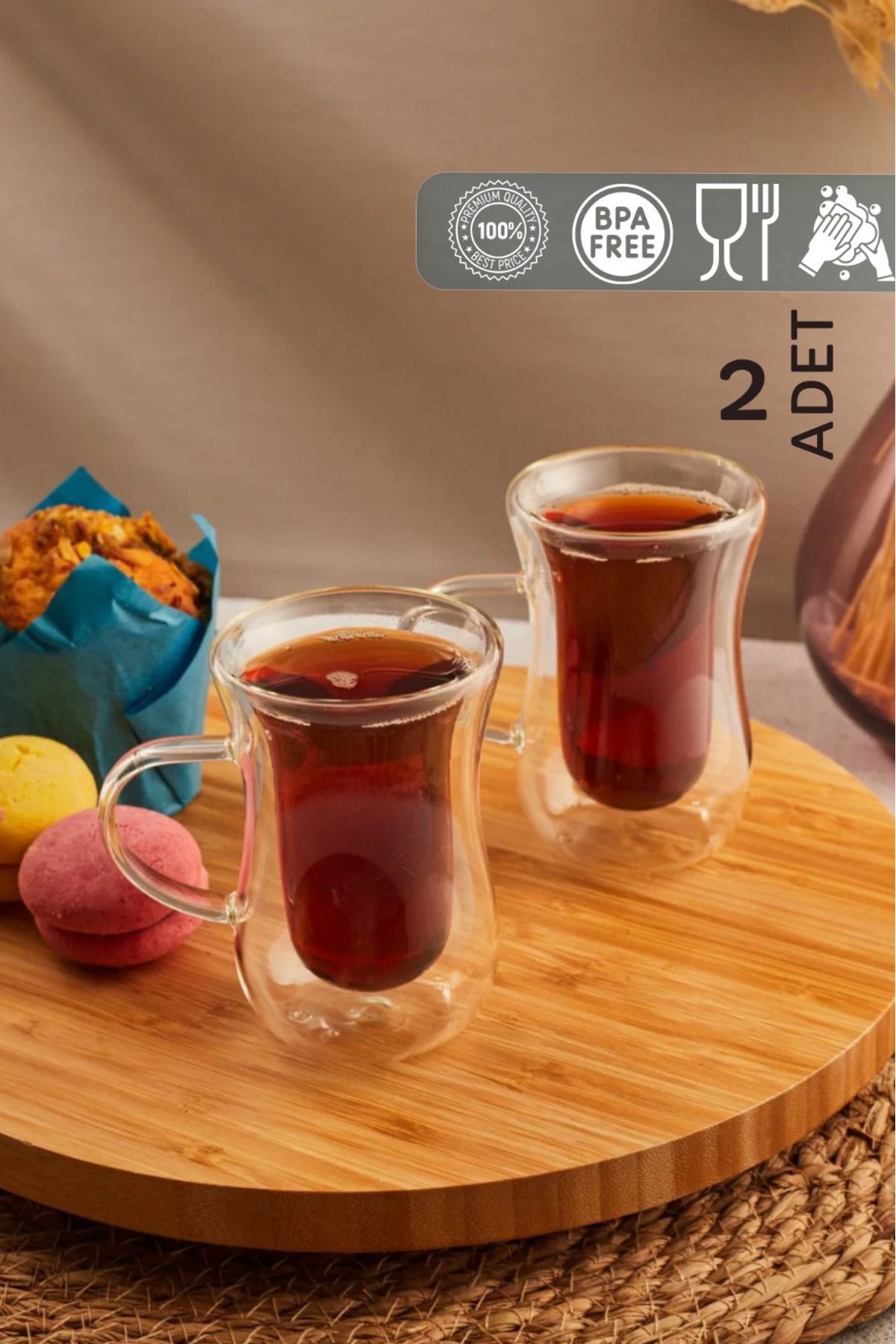 HOMENIVA 2 Adet Keyif Kulplu Çift Cidarlı Çay Bardağı