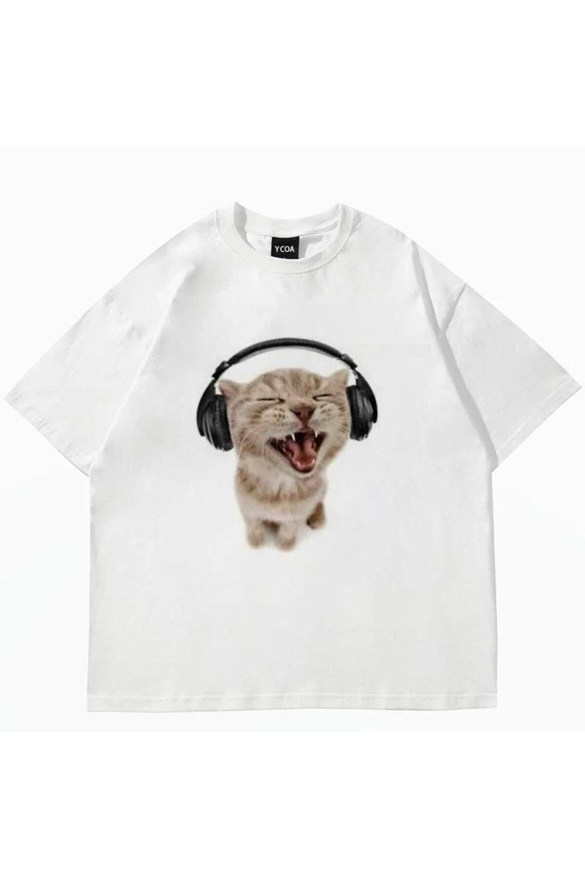 Gofeel Day Light Y2k Kulaklıkla Müzik Dinleyen Kedi Baskılı Beyaz Unisex Oversize T-shirt