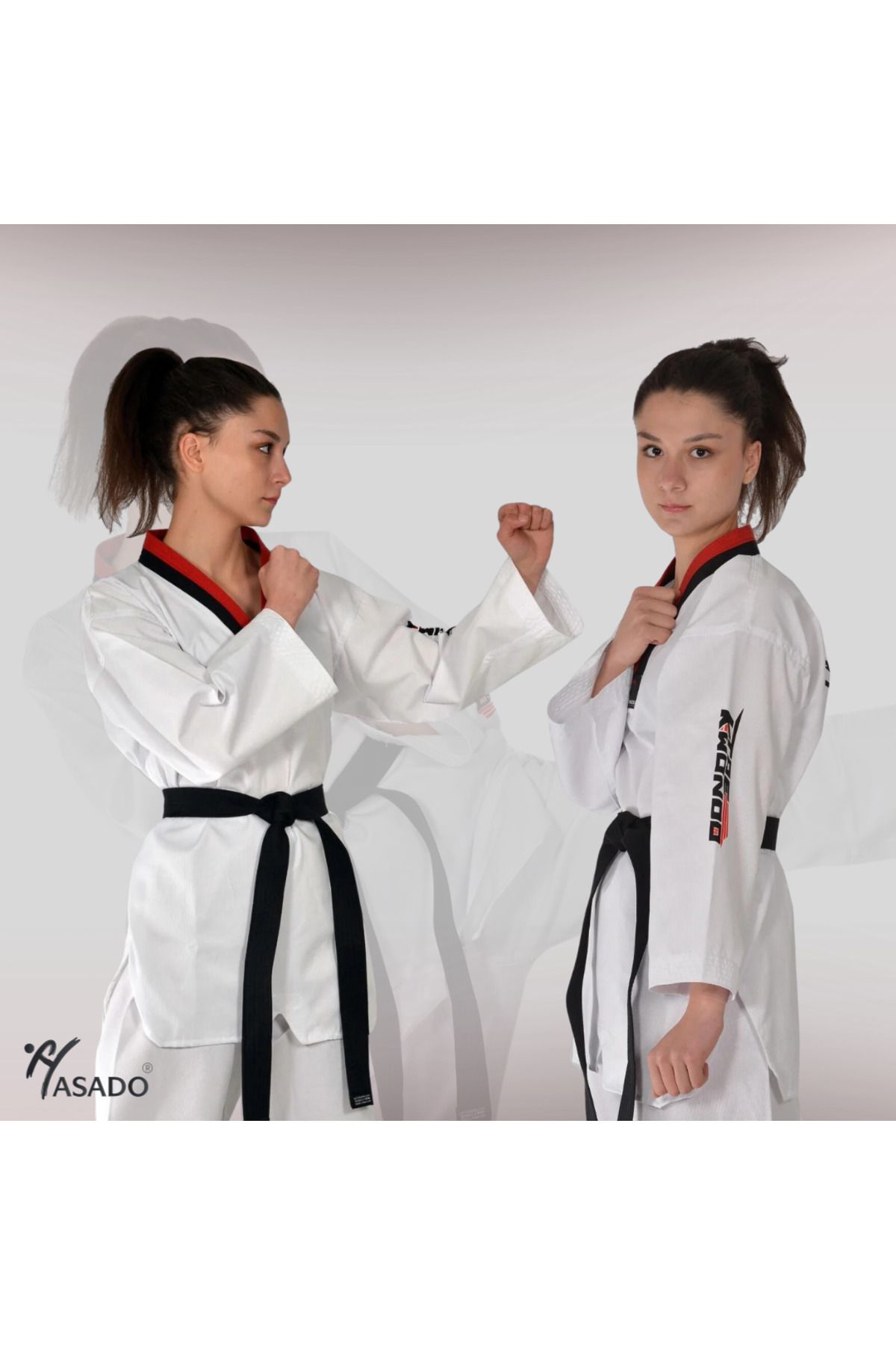 HAŞADO Şeritli Pum Yaka Fitilli Taekwondo Elbisesi Kırmızı-Siyah Yaka