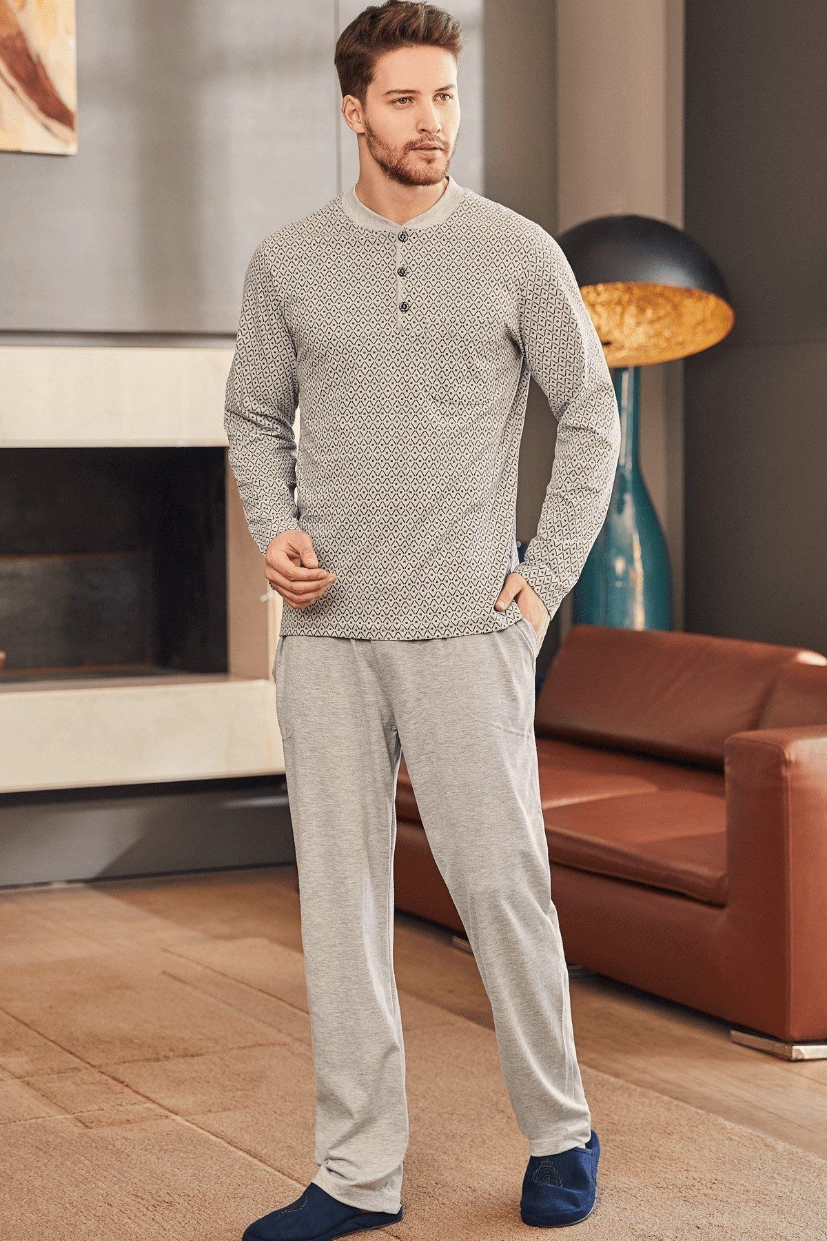 Mecit Pijama Büyük Beden Yakası Düğmeli Erkek Pijama Takımı %100 Pamuk