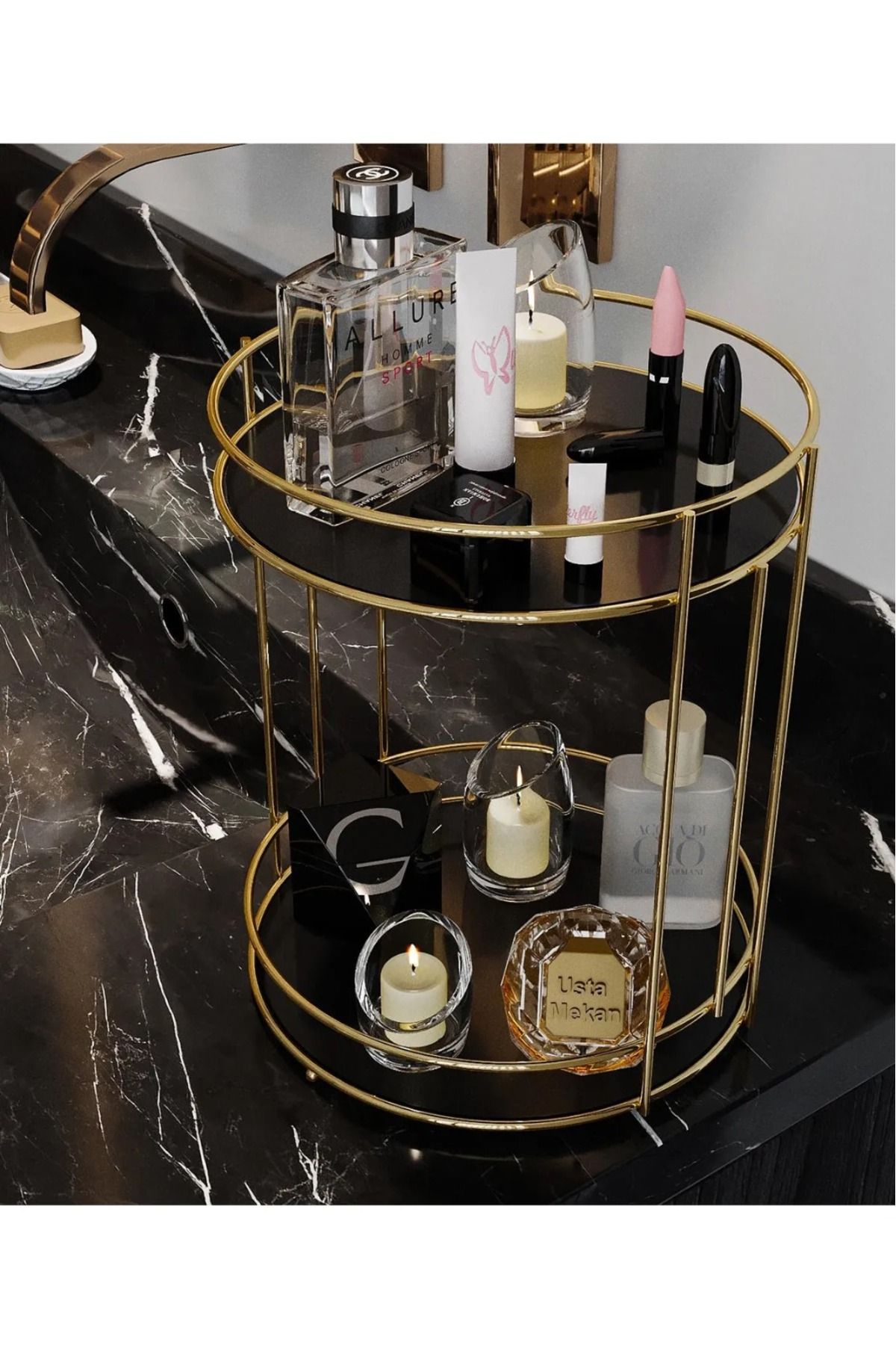 Kitchen Time Banyo Kozmetik Takı Düzenleyici Çok Amaçlı Organizer 2 Katlı Servis Sunum Tepsisi Ikramlık Gold