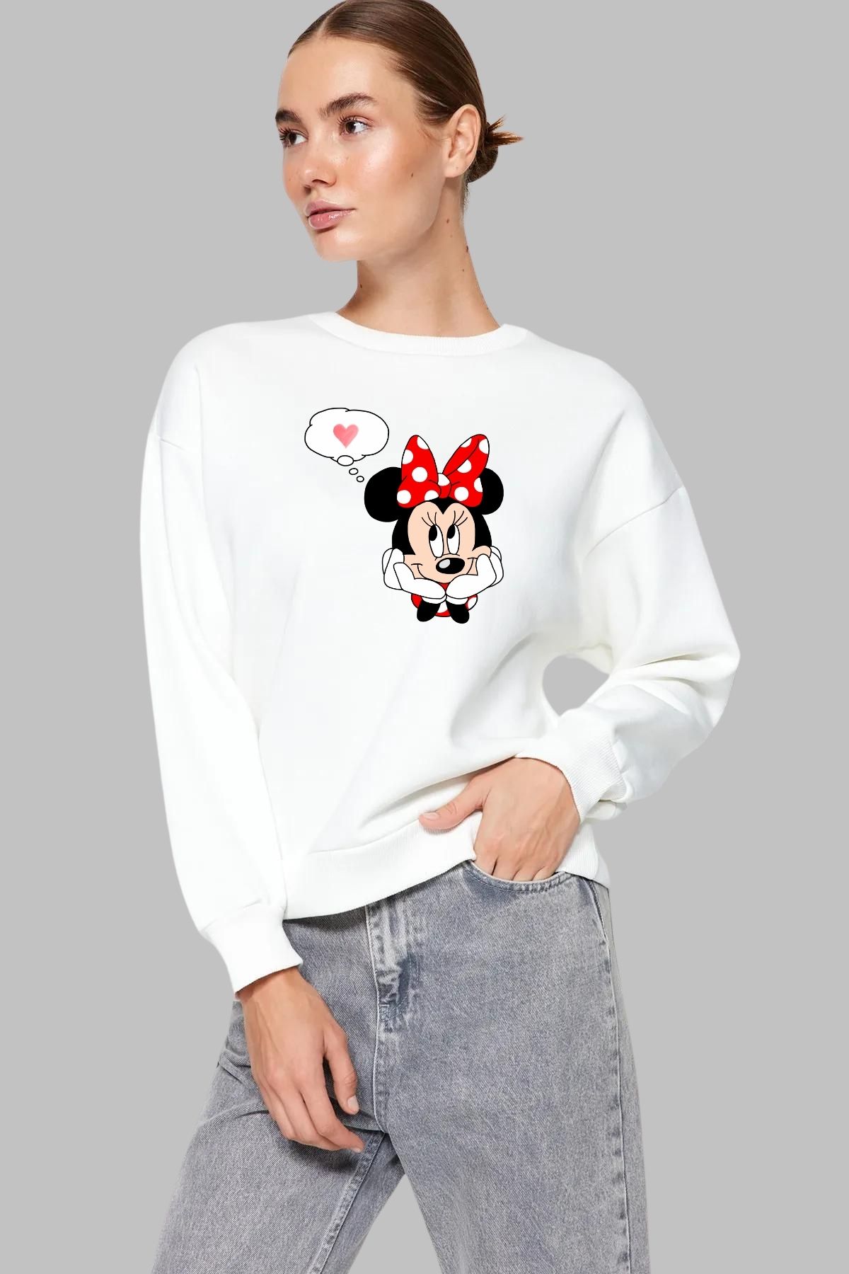 Genel Markalar Kadın Regular Kesim Uzun Kollu Minnie Mouse Baskılı Bisiklet Yaka Kapüşonsuz Sweatshirt Şardonlu