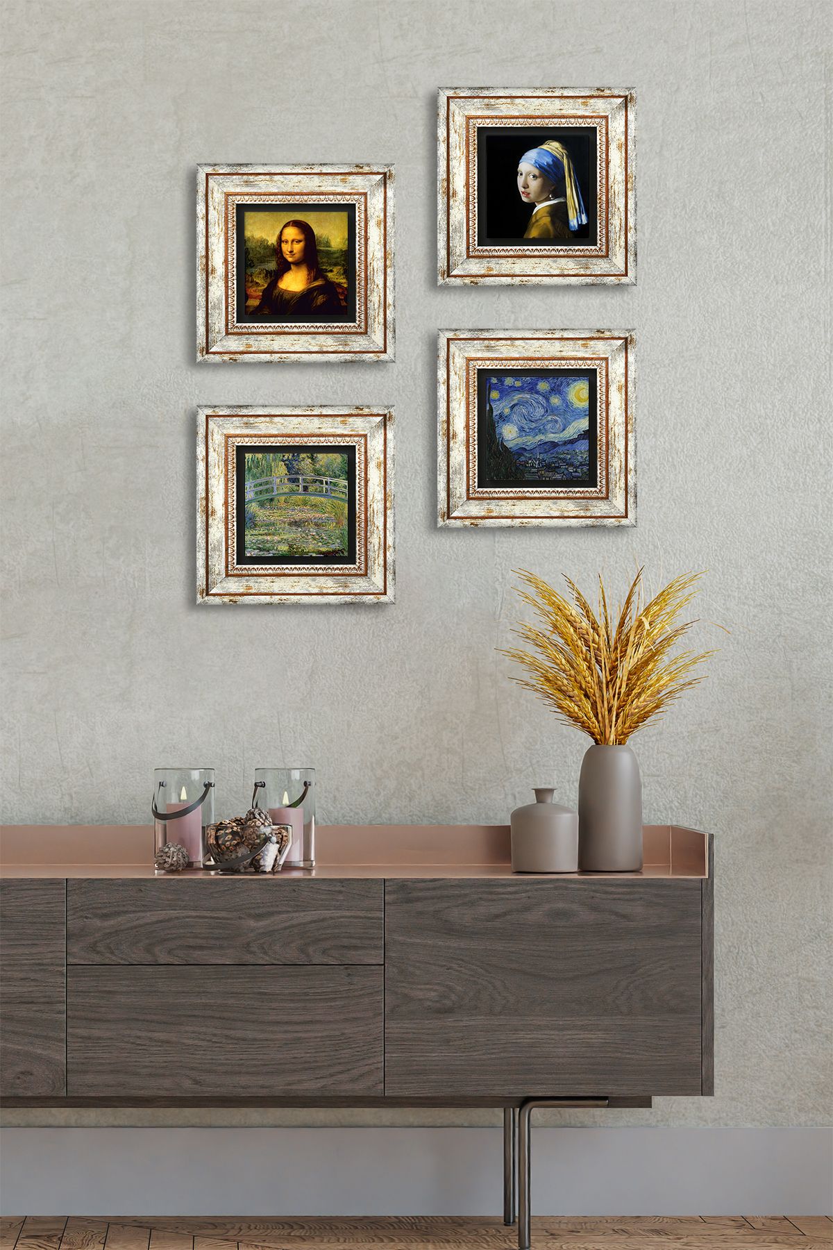 Pinecone İnci Küpeli Kız, Claude Monet, Van Gogh, Leonardo da Vinci Taş Duvar Tablosu Çerçeveli Duvar Dekoru