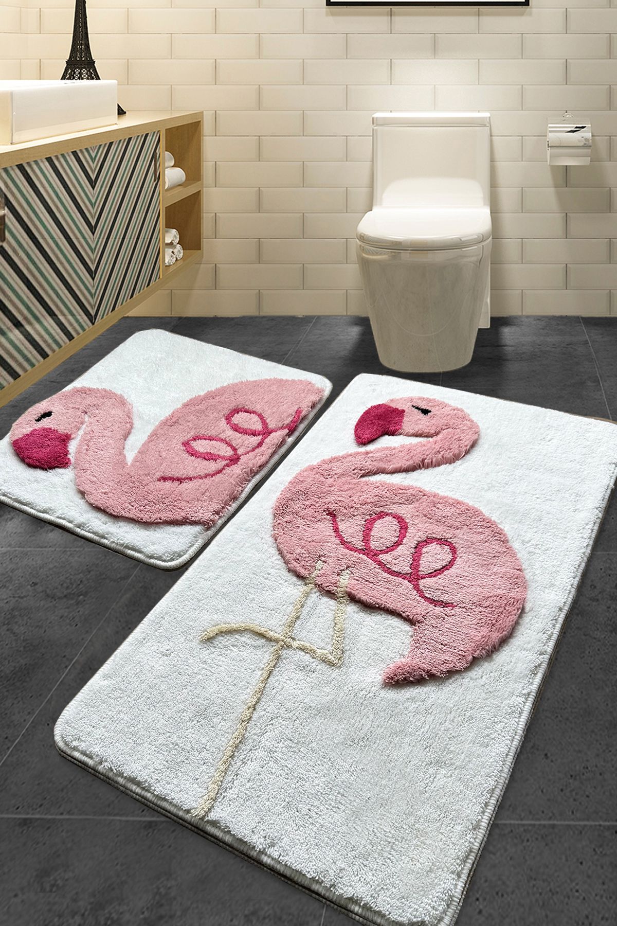 Chilai Home Pınk Flamingo 2li Set Banyo Halısı Yıkanabilir, Kaymaz Taban