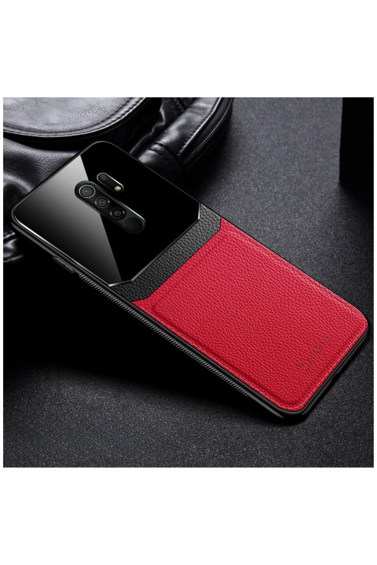Zebana Xiaomi Redmi 9 Uyumlu Kılıf Lens Deri Kılıf Kırmızı