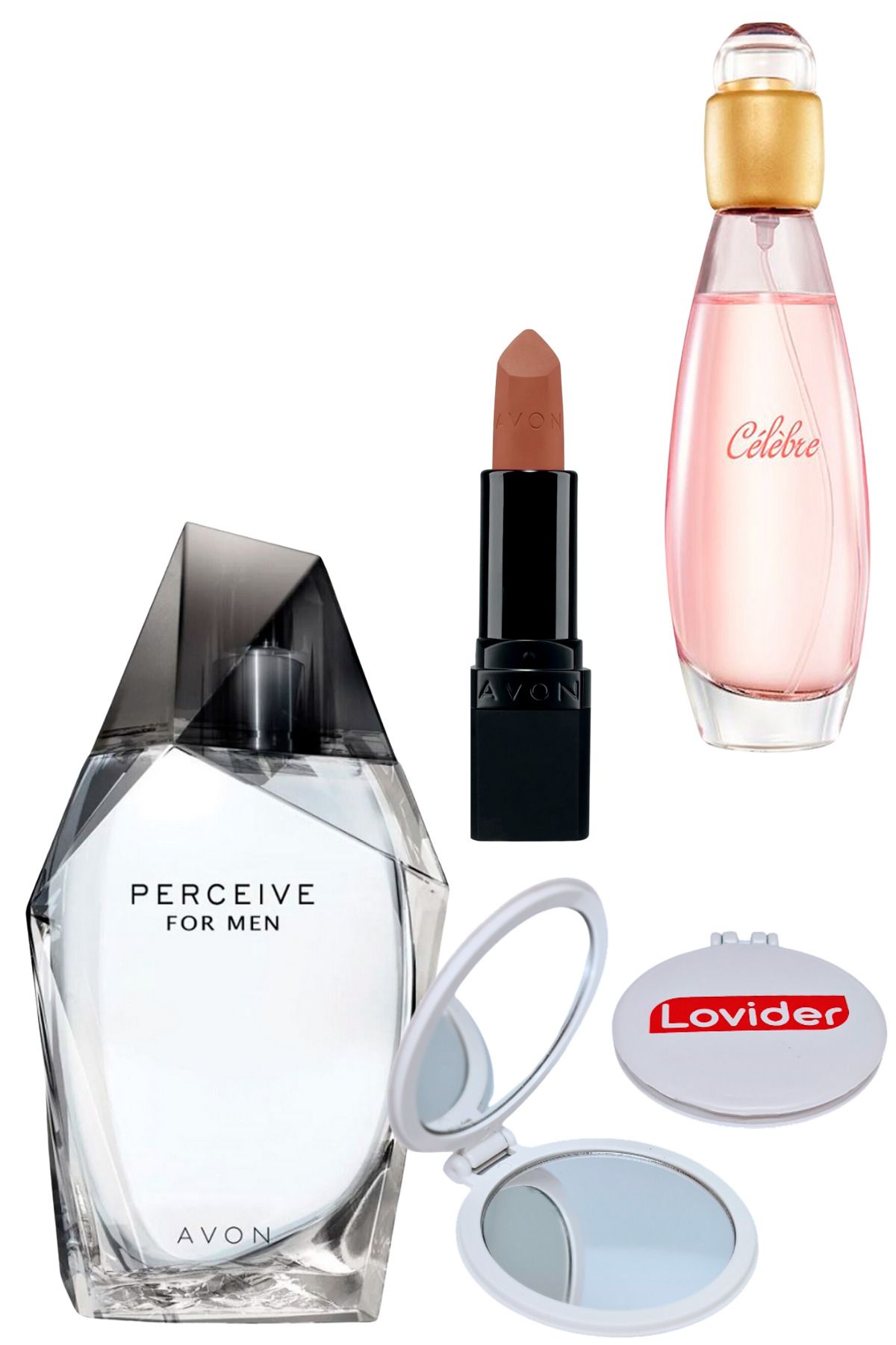 Avon Perceive Erkek Parfüm + Celebre Kadın Parfüm + Mat Ruj Marvellous Mocha + Lovider Cep Aynası Hediye