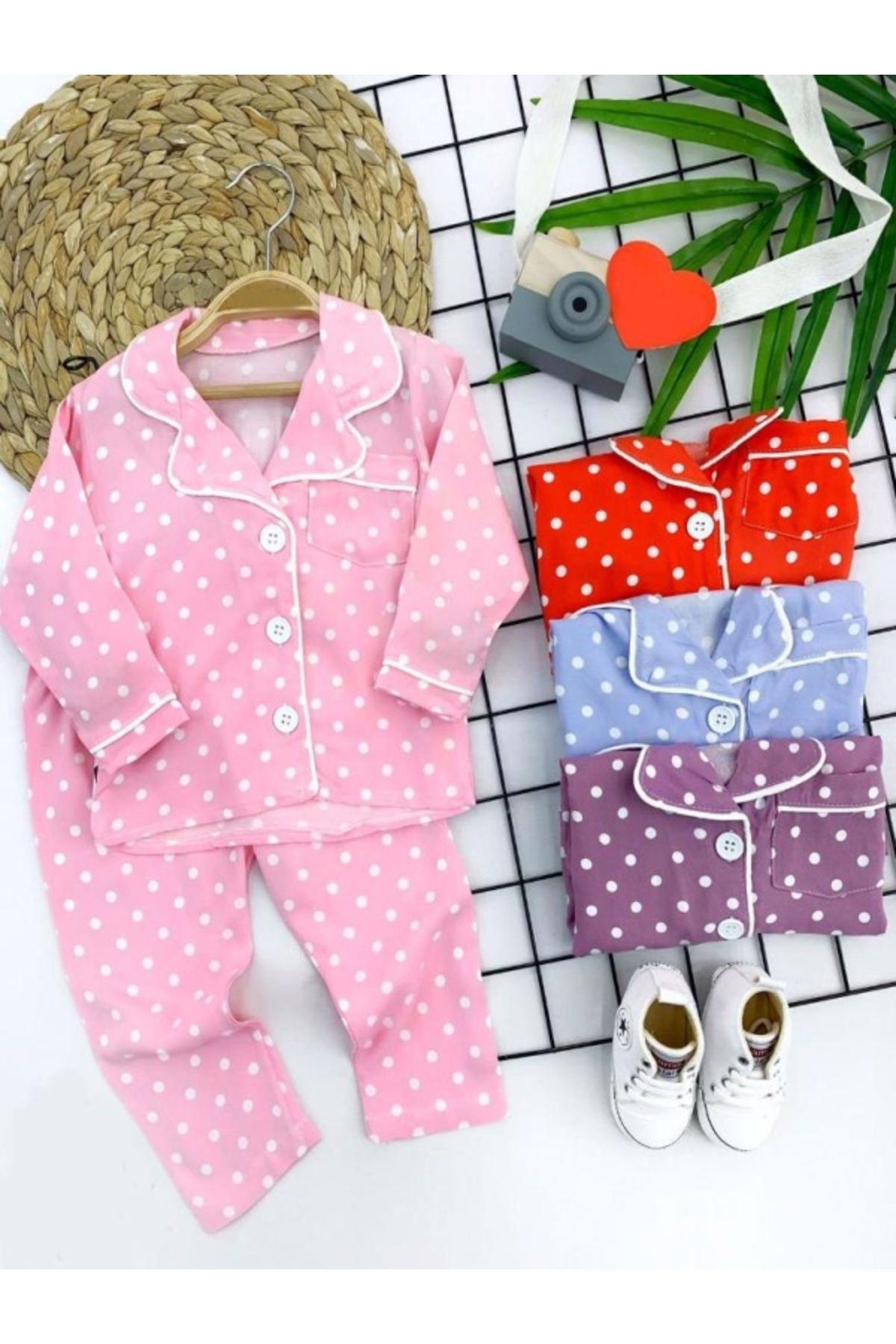 Diji Baby 9-12-18-24 Ay Puantiyeli Düğme Kapama Kız Erkek Bebek Pijama Takımı