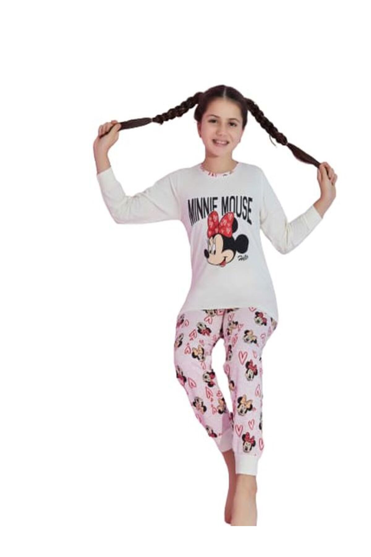 Tarık Kız Çocuk %100 Pamuklu Ekru Pembe Minnie Mouse Baskılı Uzun Kollu Pijama Takımı