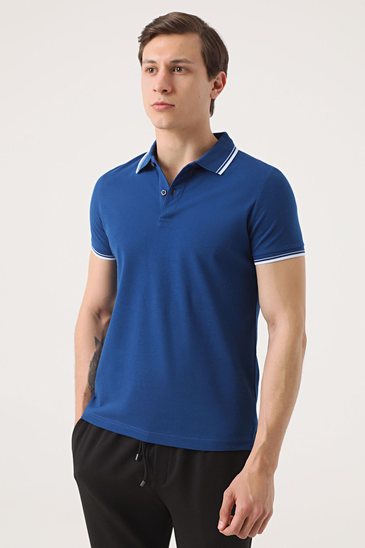 TWN Slim Fit Saks Mavi Düz Örgü Pamuklu Logo Baskılı T-shirt
