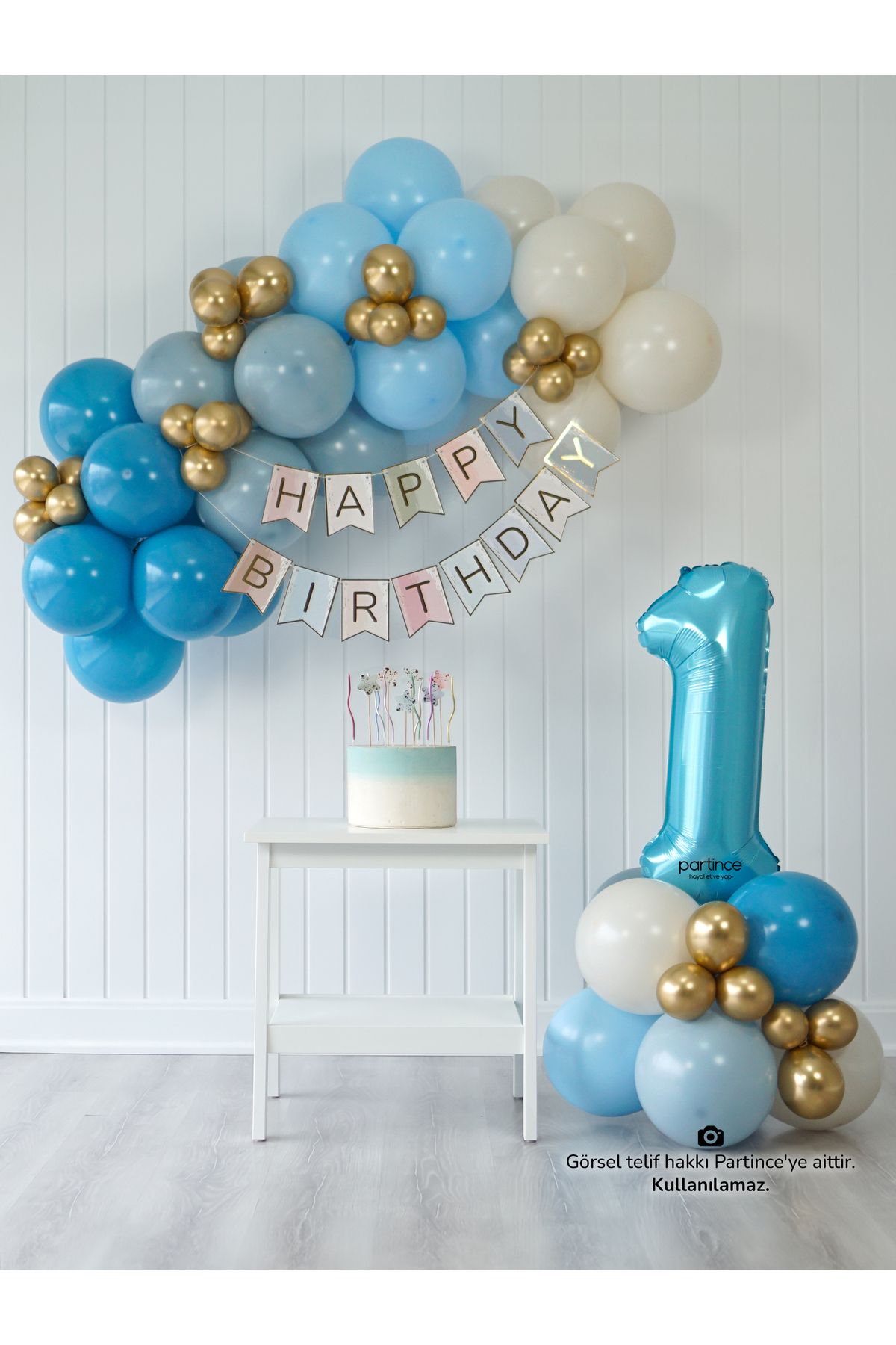 partince 1 Yaş Balonu Doğum Günü Balon Zinciri Mini Pastel Mavi Parti Seti
