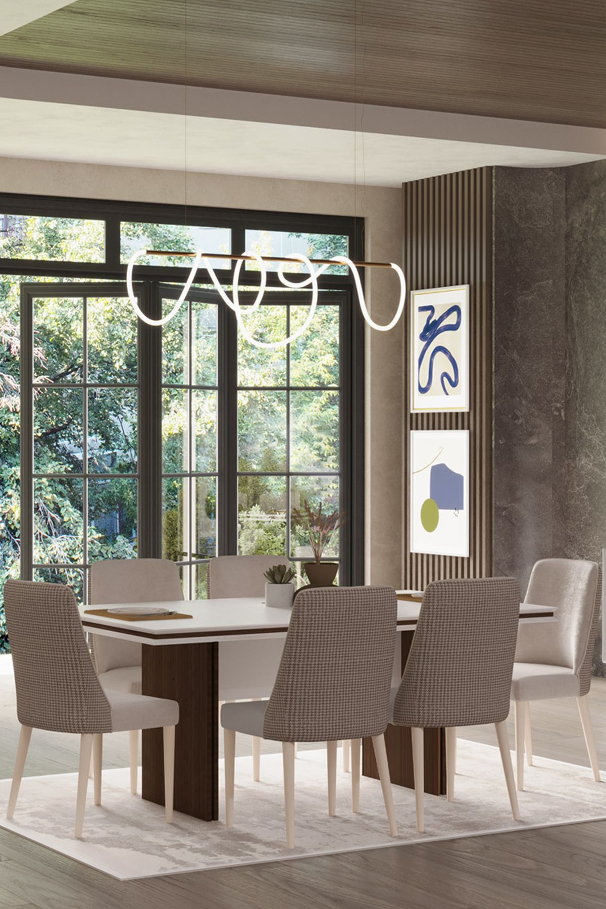 Modalife Linen 6 Sandalye 1 Sabit 180x100 cm Masa Yemek Masası Takımı 6 Kişilik - Vizon&Krem