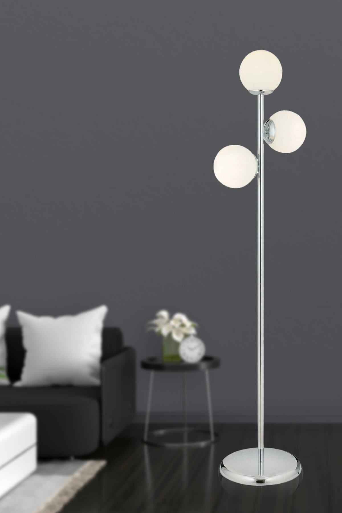Apliqa Zambak 3 Lü Krom Beyaz Camlı Modern Dekoratif Tasarım Metal Lambader